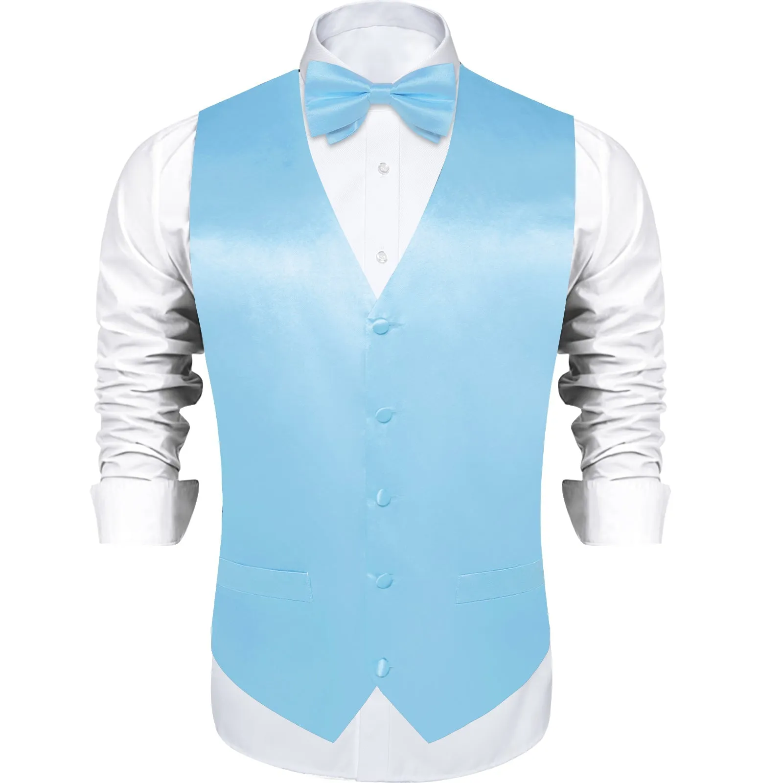 Ties2you Sky Blue Wedding Vest Mens Solid Silk Suit Waistcoat Handkerchief Cufflinks Bow Tie Set sold by Ties2You product image thumbnail 3