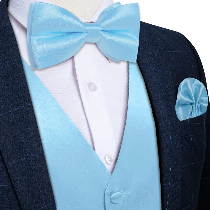 Ties2you Sky Blue Wedding Vest Mens Solid Silk Suit Waistcoat Handkerchief Cufflinks Bow Tie Set made by Ties2You