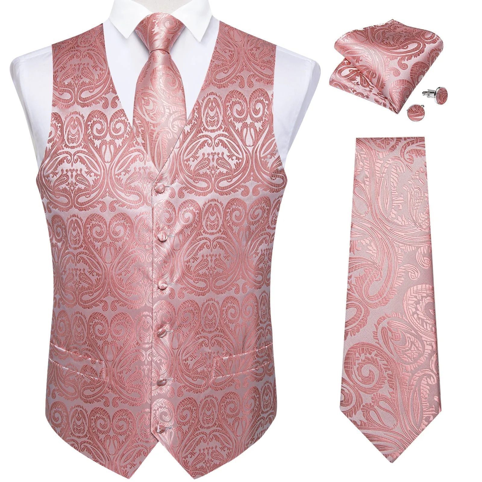 Ties2you Dusty Rose Pink Suit Vest Mens Paisley Party Waistcoat Tie Hanky Cufflinks Set sold by Ties2You product image thumbnail 3