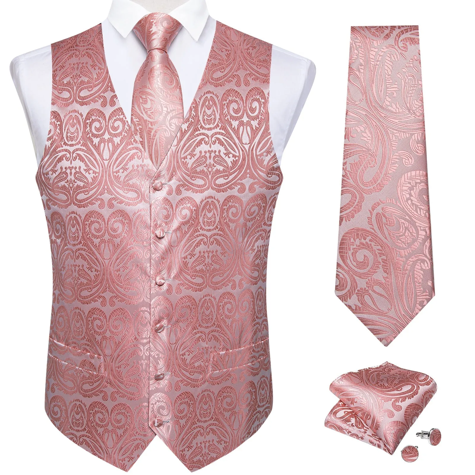 Ties2you Dusty Rose Pink Suit Vest Mens Paisley Party Waistcoat Tie Hanky Cufflinks Set sold by Ties2You product image thumbnail 2