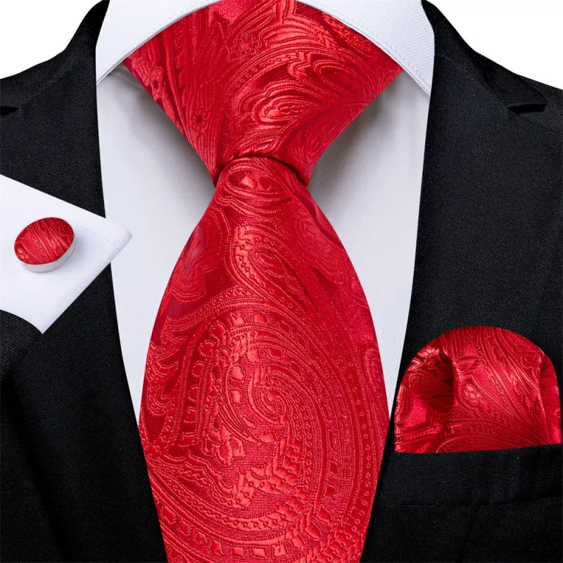 Ties2you Mens Red Paisley Tie Formal Wedding Silk Necktie Pocket Square Cufflinks Set made by Ties2You