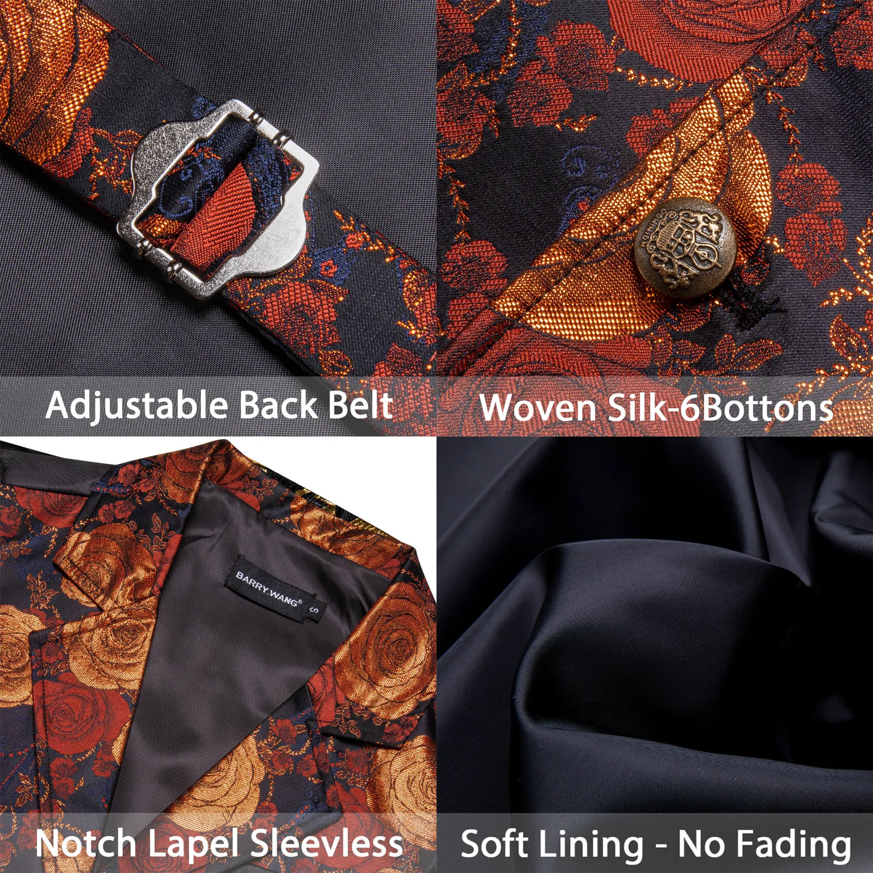 Ties2you Orange Floral Vest for Men Formal Collar Suit Waistcoat Hanky Cufflinks Tie Set sold by Ties2You product image thumbnail 5