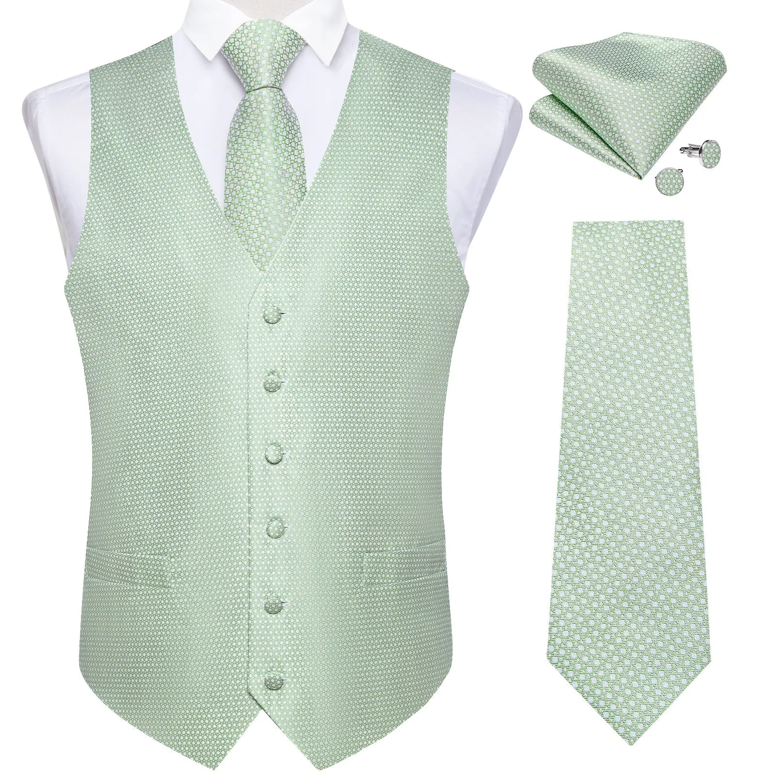 Ties2you Mint Green Polka Dot Vest Mens Suit Silk Waistcoat Tie Hanky Set Wedding Casual sold by Ties2You product image thumbnail 2