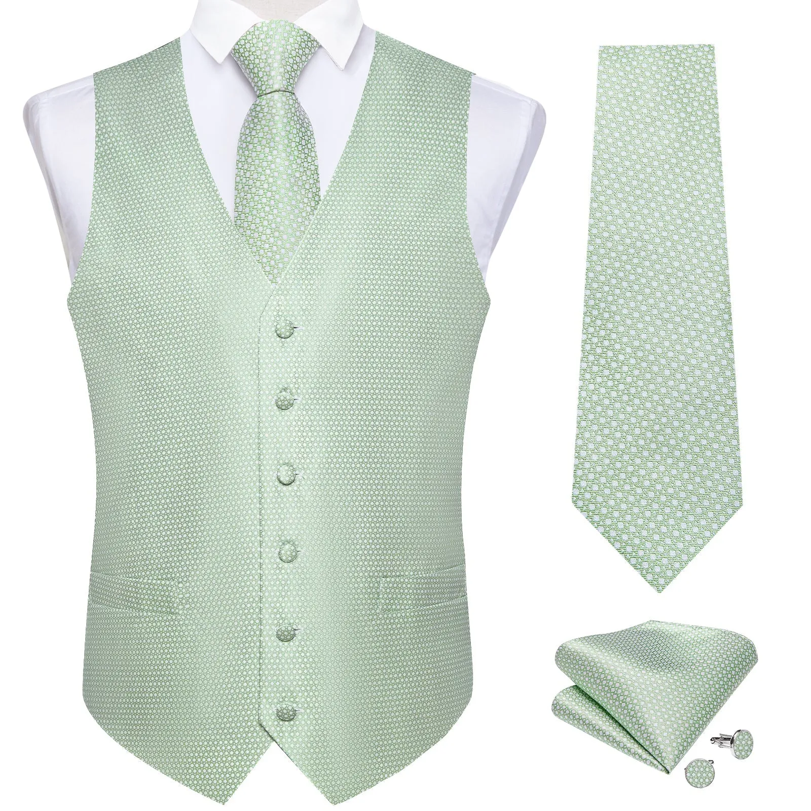 Ties2you Mint Green Polka Dot Vest Mens Suit Silk Waistcoat Tie Hanky Set Wedding Casual sold by Ties2You product image thumbnail 3