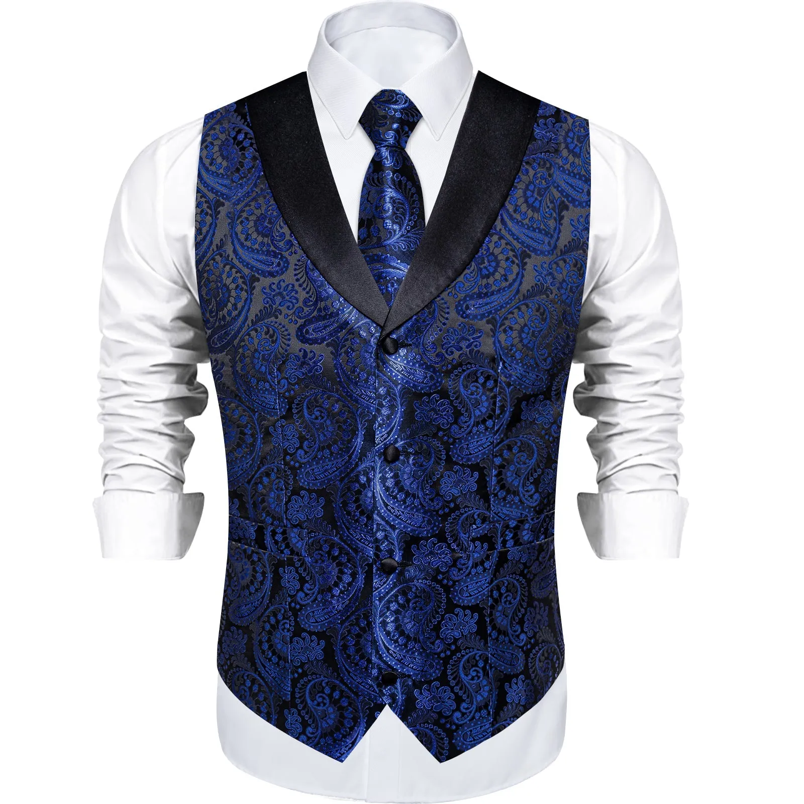 Ties2you Royal Blue Paisley Vest for Men Black Collar Suit Waistcoat Tie Hanky Cufflinks Set sold by Ties2You product image thumbnail 3