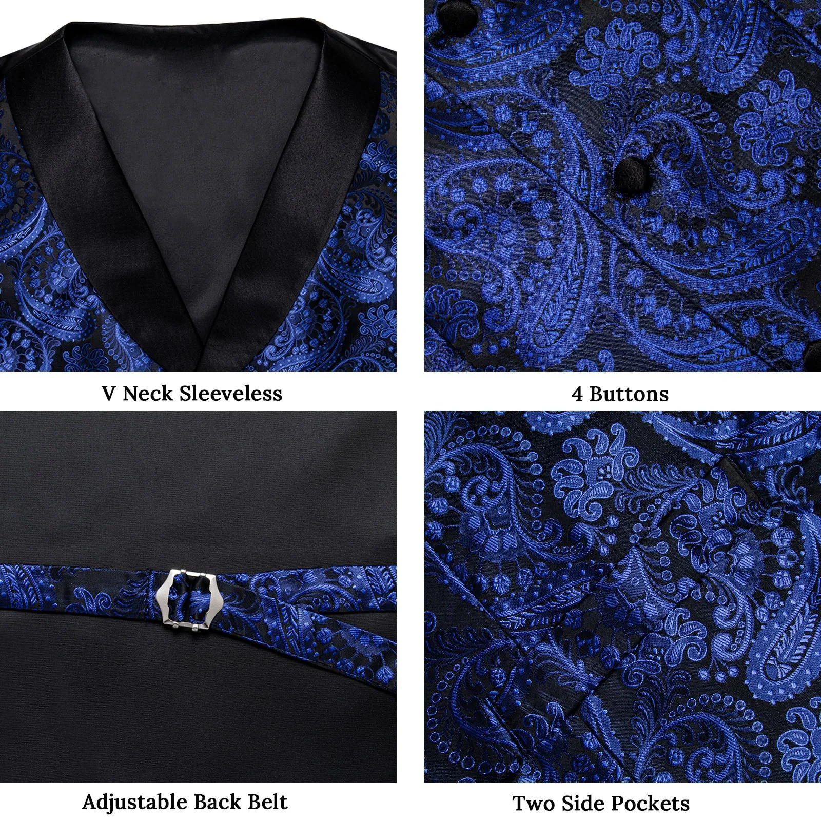 Ties2you Royal Blue Paisley Vest for Men Black Collar Suit Waistcoat Tie Hanky Cufflinks Set sold by Ties2You product image thumbnail 5