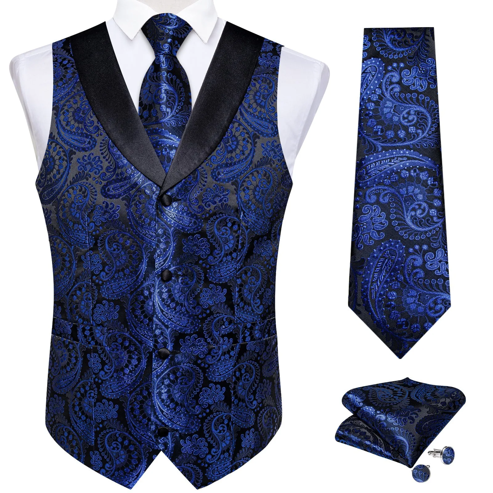 Ties2you Royal Blue Paisley Vest for Men Black Collar Suit Waistcoat Tie Hanky Cufflinks Set sold by Ties2You product image thumbnail 2