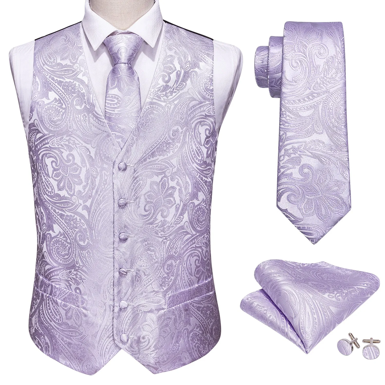 Ties2you Mens Lavender Paisley Vest for Wedding Jacquard Silk Waistcoat Handkerchief Tie Set sold by Ties2You product image thumbnail 3
