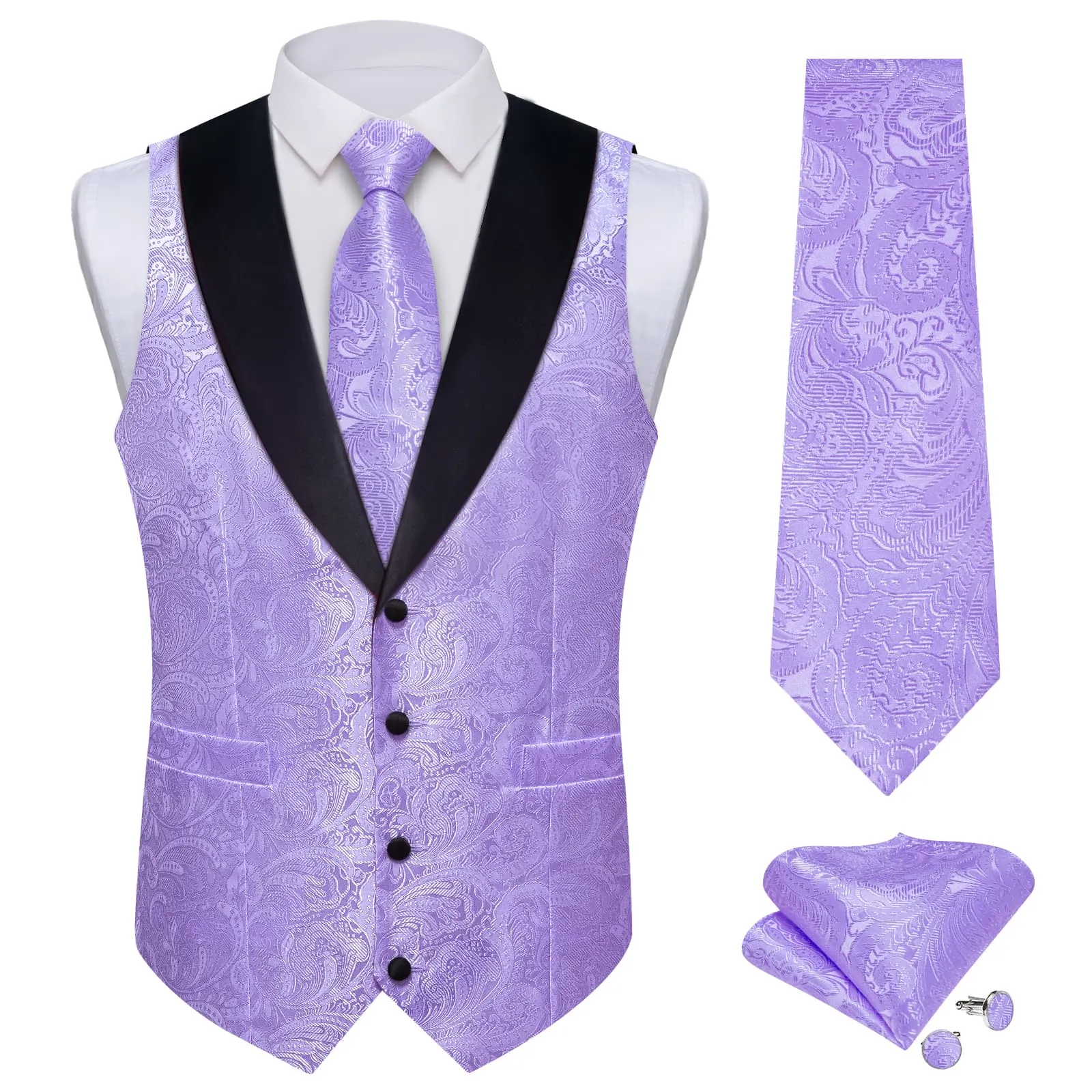 Ties2you Lavender Paisley Vest for Men Shawl-Lapel Collar Dress Prom Waistcoat Tie Hanky Cufflinks Set sold by Ties2You product image thumbnail 2