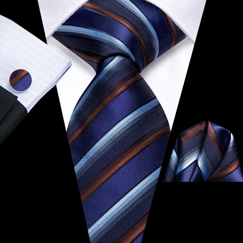 Ties2you Blue Striped Silk Men's Necktie Pocket Square Cufflinks Set made by Ties2You