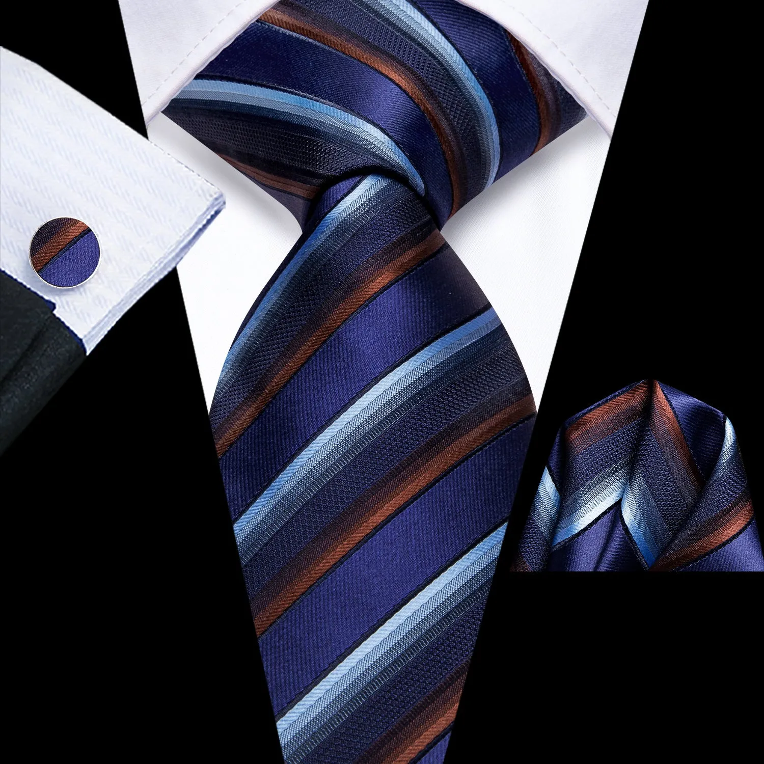 Ties2you Blue Striped Silk Men's Necktie Pocket Square Cufflinks Set sold by Ties2You