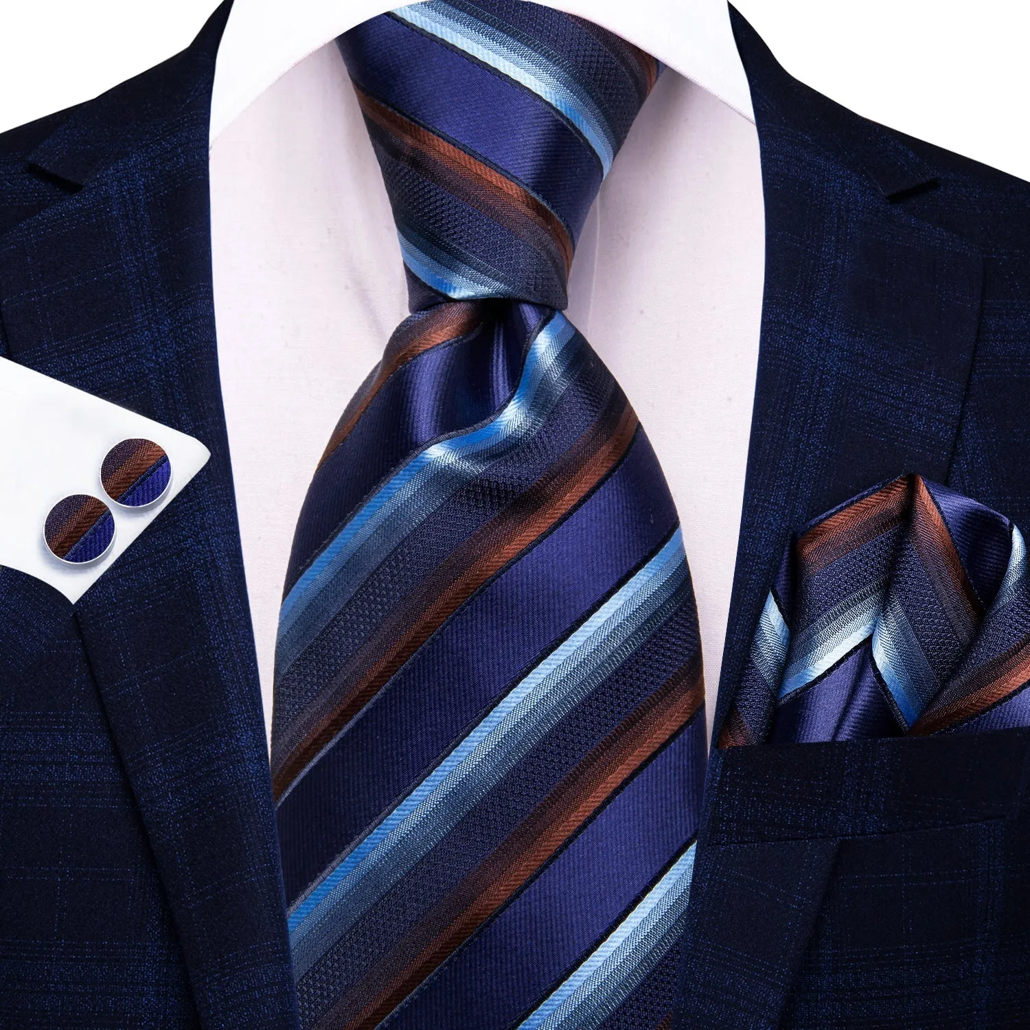 Ties2you Blue Striped Silk Men's Necktie Pocket Square Cufflinks Set sold by Ties2You product image thumbnail 2