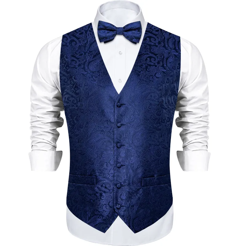 Ties2you Navy Blue Paisley Suit Vest Mens Silk Slim Fit Waistcoat Bow Tie Set Formal Wedding made by Ties2You