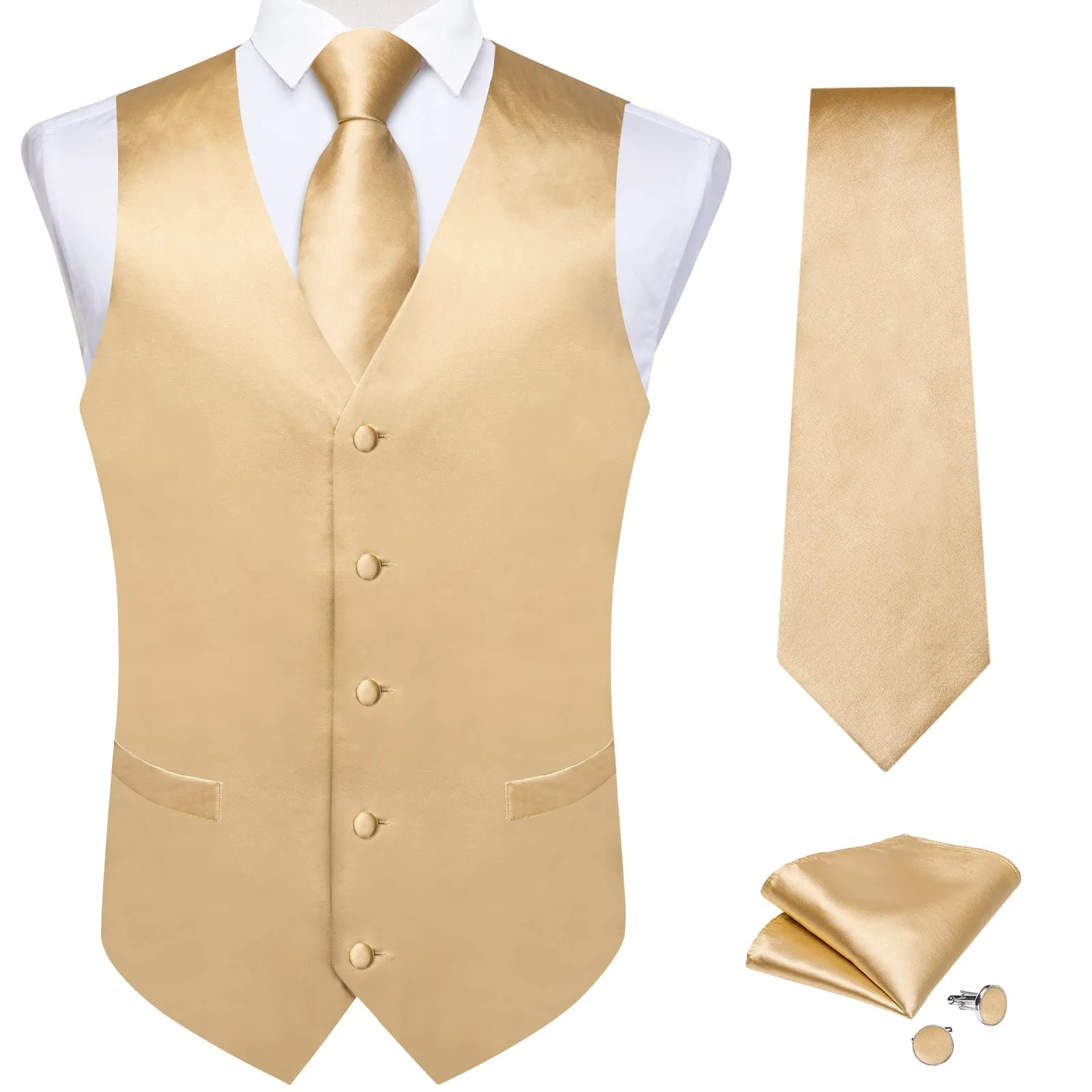 Ties2you Champagne Dress Vest Tie Set Men's Solid Satin Suit Waistcoat Necktie Handkerchief Cufflinks Wedding sold by Ties2You product image thumbnail 3