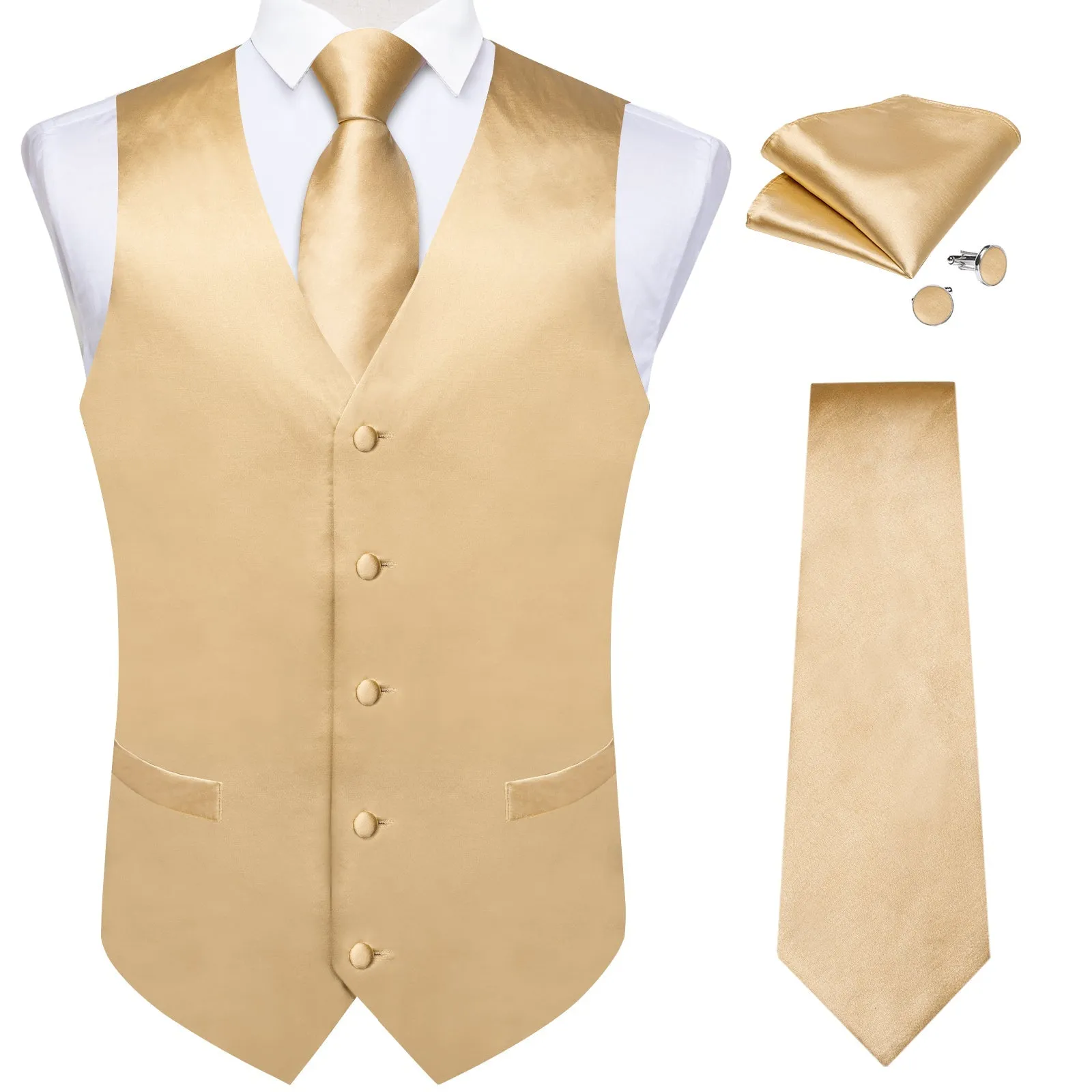Ties2you Champagne Dress Vest Tie Set Men's Solid Satin Suit Waistcoat Necktie Handkerchief Cufflinks Wedding sold by Ties2You product image thumbnail 4