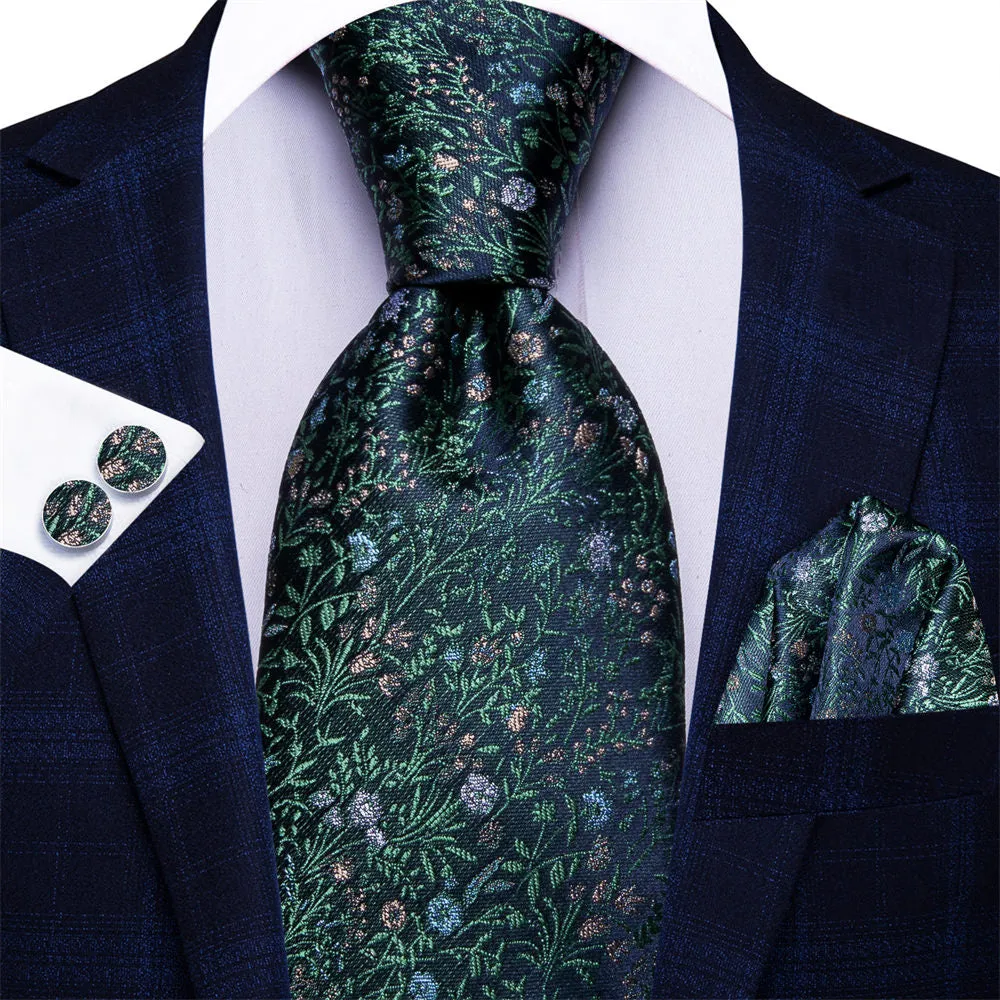 Ties2you Mens Hunter Green Floral Tie Wedding Navy Blue Silk Necktie Pocket Square Cufflinks Set sold by Ties2You