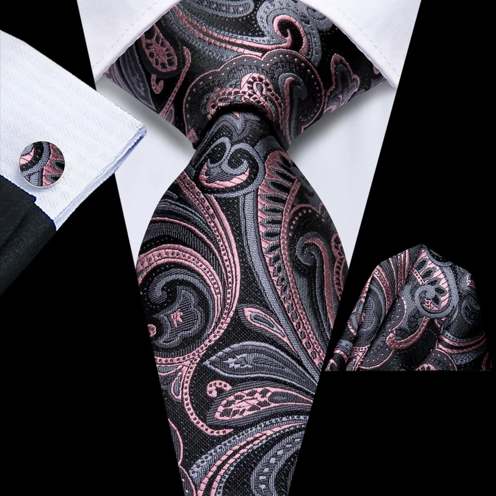 Ties2you Black Pink Paisley Tie Silk Mens Dress Tie Pocket Square Cufflinks Set for Formal sold by Ties2You