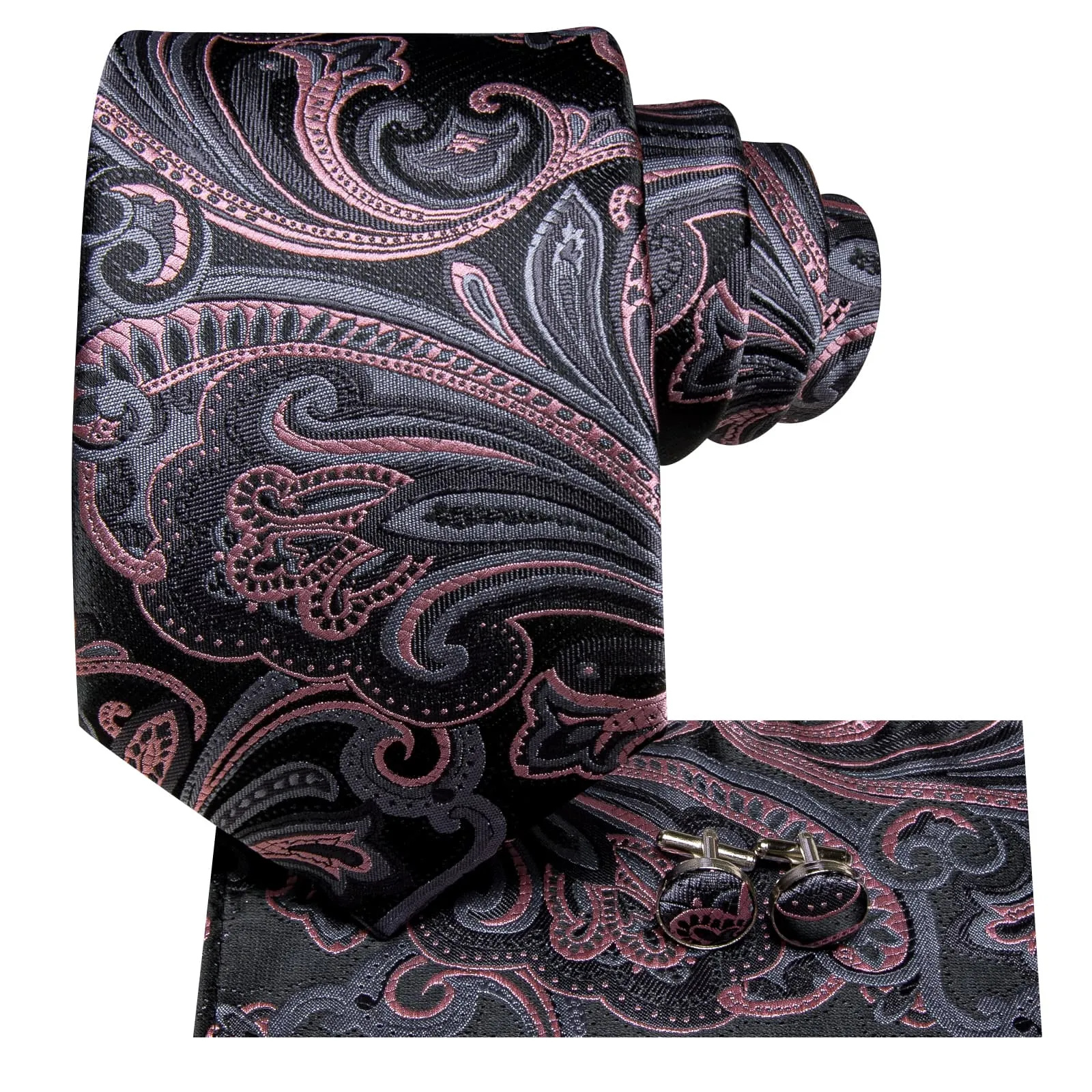 Ties2you Black Pink Paisley Tie Silk Mens Dress Tie Pocket Square Cufflinks Set for Formal sold by Ties2You product image thumbnail 3