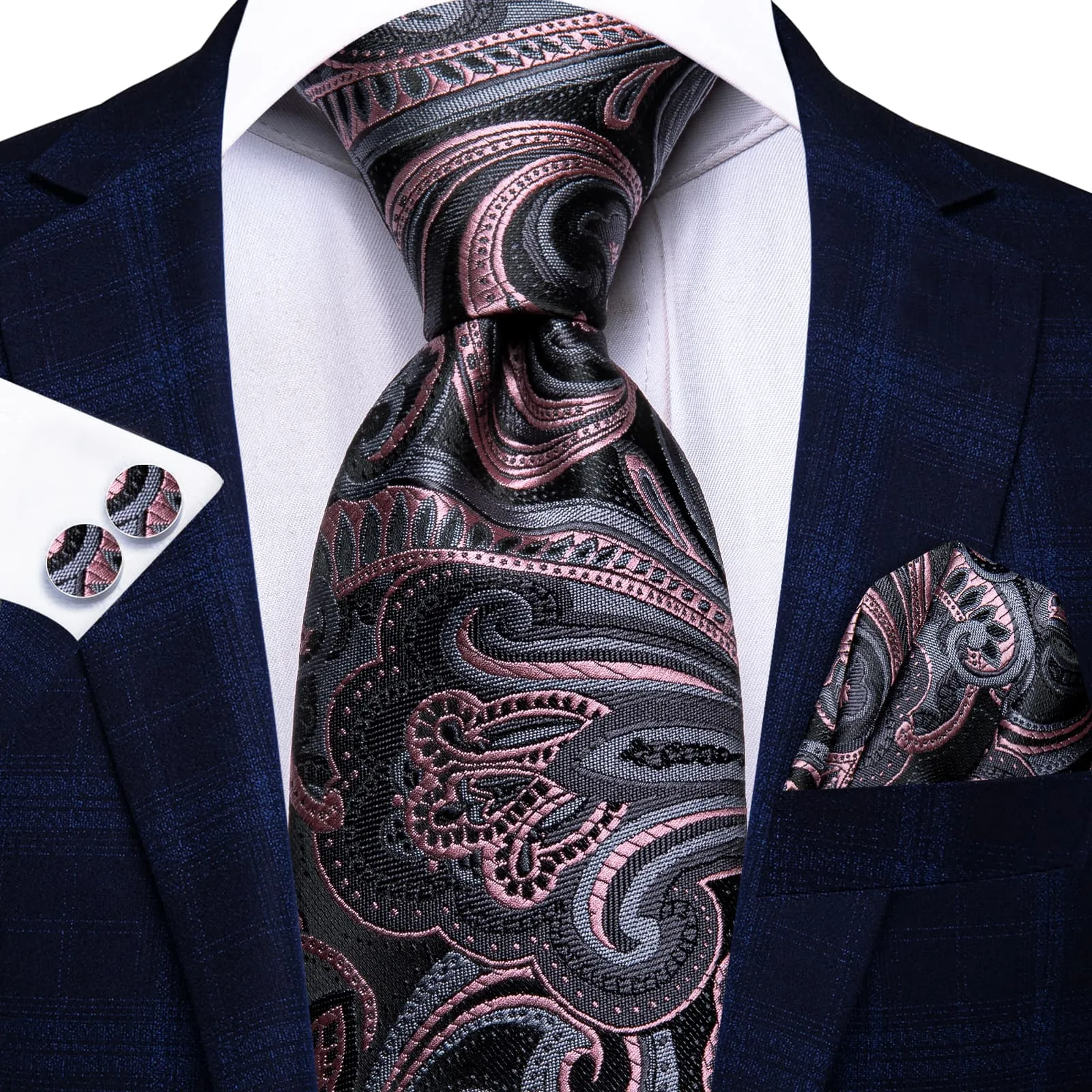 Ties2you Black Pink Paisley Tie Silk Mens Dress Tie Pocket Square Cufflinks Set for Formal sold by Ties2You product image thumbnail 2
