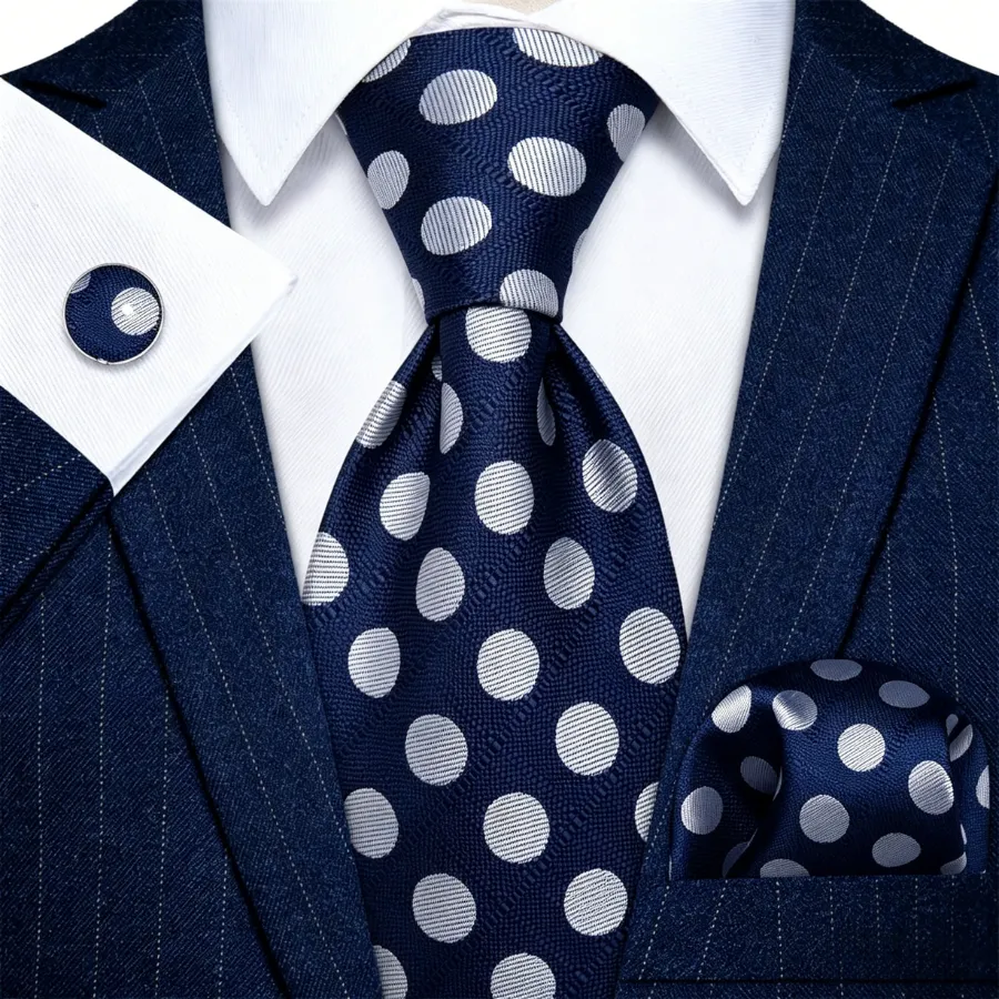Ties2you Navy Blue Tie Men's Polka Dot Necktie Pocket Square Cufflinks Set for Business sold by Ties2You