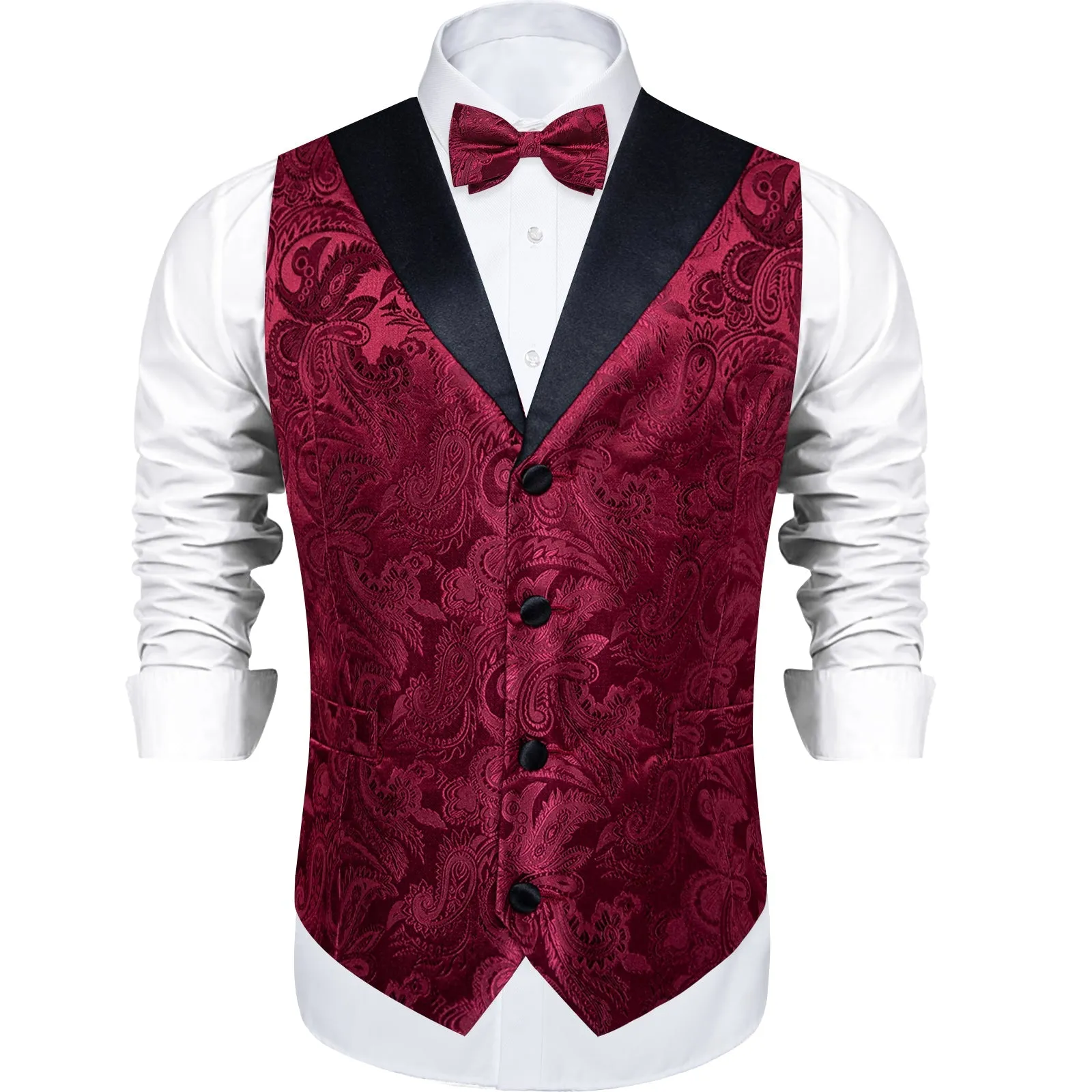 Ties2you Burgundy Paisley Vest for Men Shawl Collar Formal Suit Waistcoat Tie Bowtie Hanky Cufflinks Set sold by Ties2You product image thumbnail 5