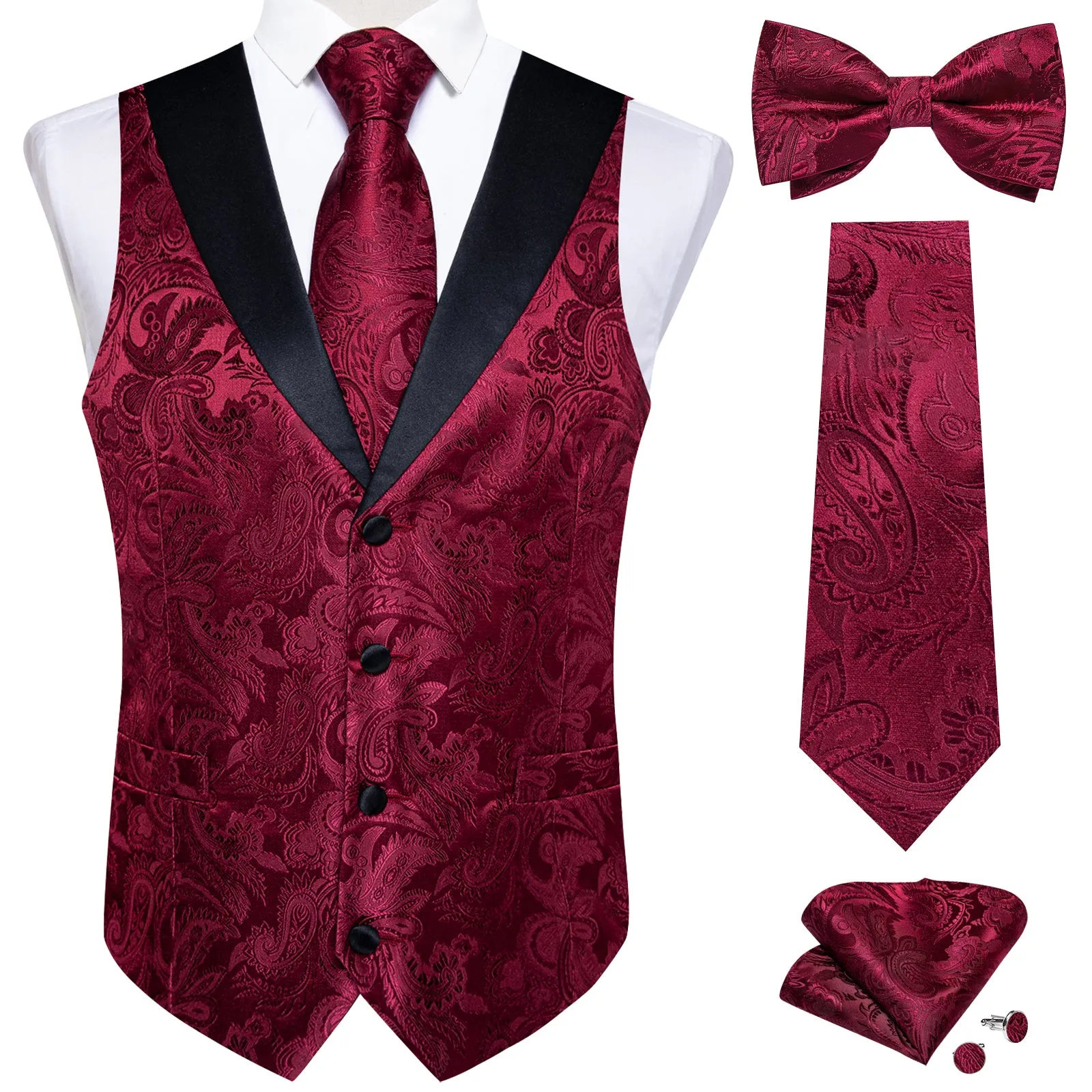 Ties2you Burgundy Paisley Vest for Men Shawl Collar Formal Suit Waistcoat Tie Bowtie Hanky Cufflinks Set sold by Ties2You