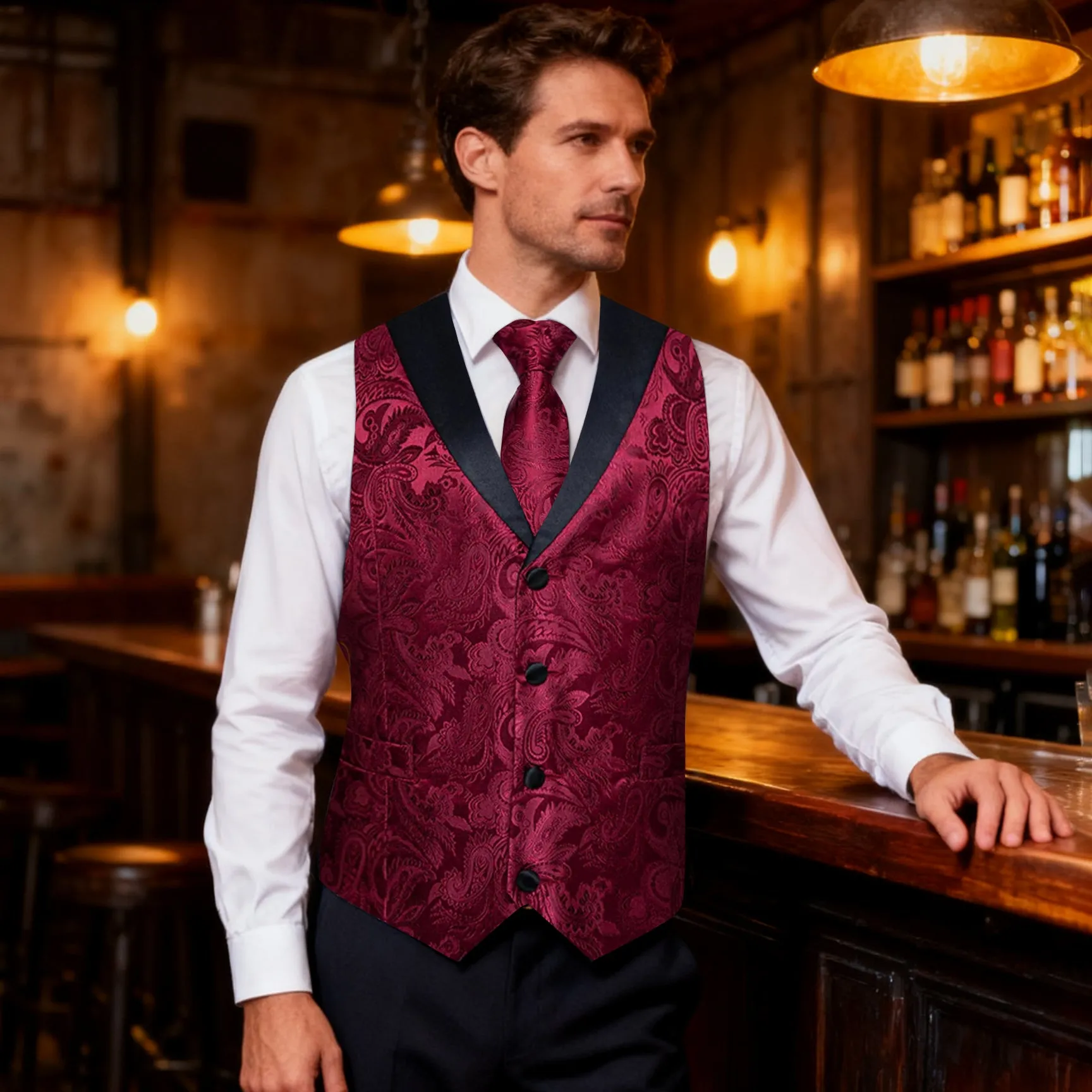 Ties2you Burgundy Paisley Vest for Men Shawl Collar Formal Suit Waistcoat Tie Bowtie Hanky Cufflinks Set sold by Ties2You product image thumbnail 2