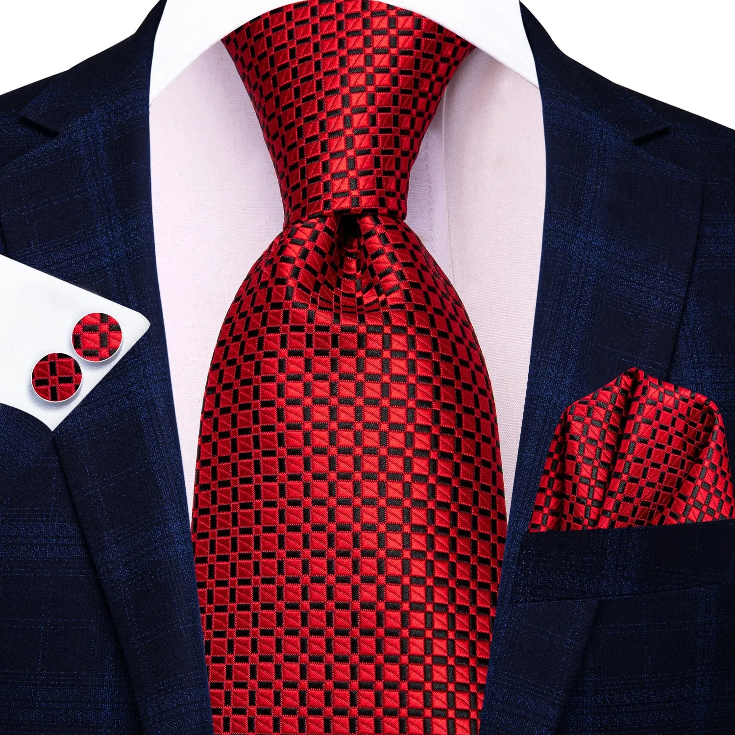 Ties2you Red Necktie for Men Plaid Tie Handkerchief Cufflinks Set for Business sold by Ties2You product image thumbnail 3