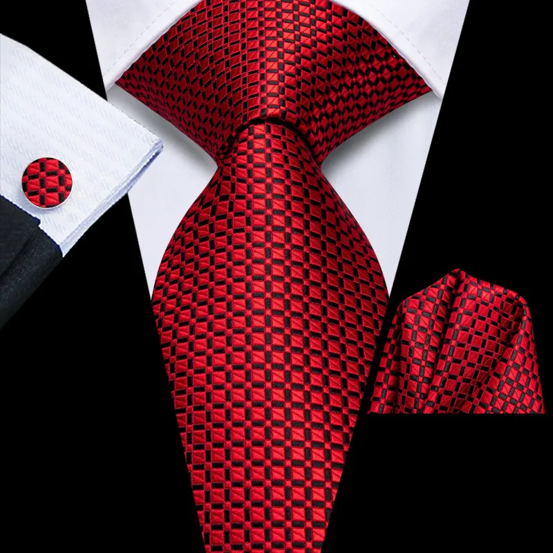 Ties2you Red Necktie for Men Plaid Tie Handkerchief Cufflinks Set for Business made by Ties2You
