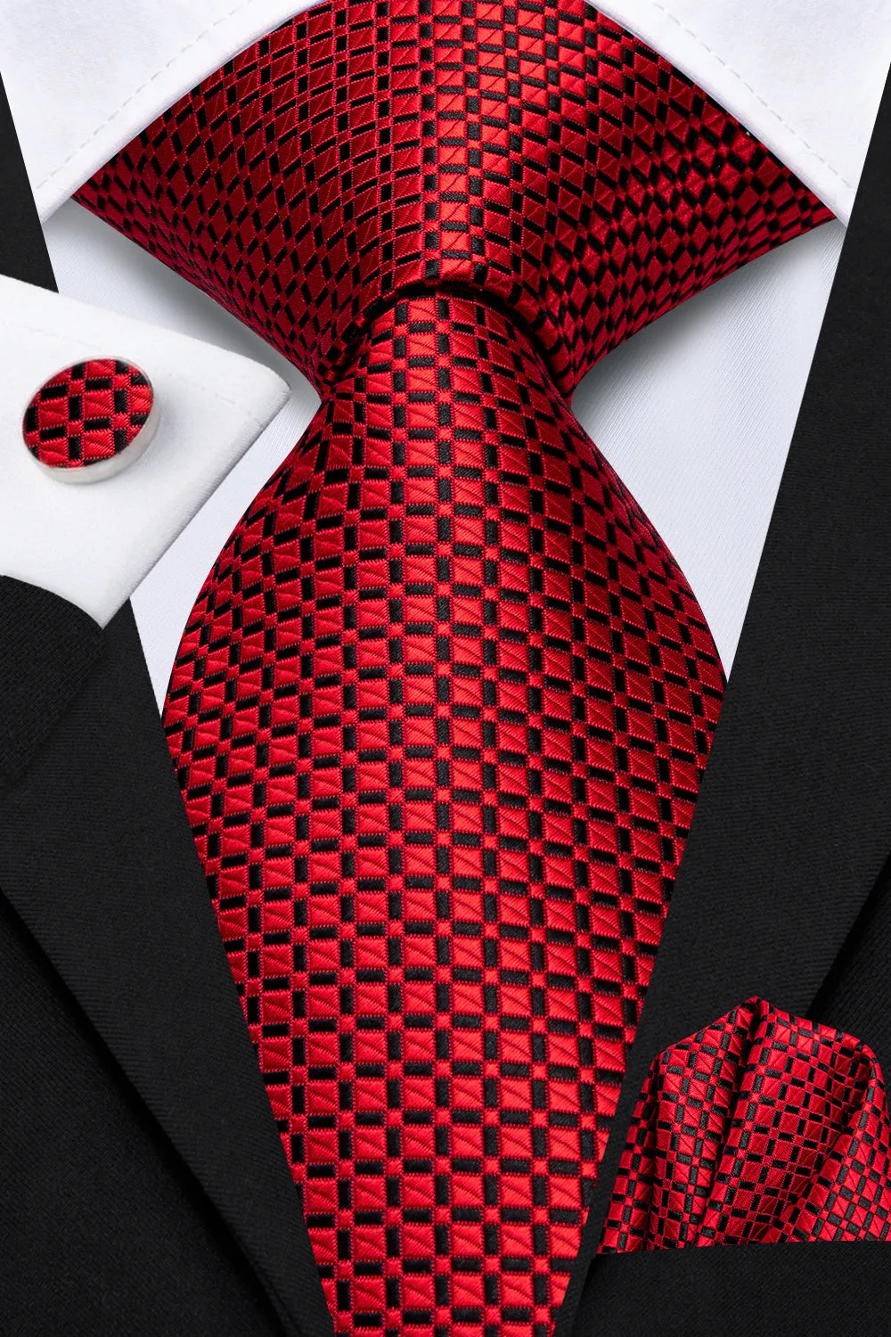 Ties2you Red Necktie for Men Plaid Tie Handkerchief Cufflinks Set for Business sold by Ties2You product image thumbnail 2