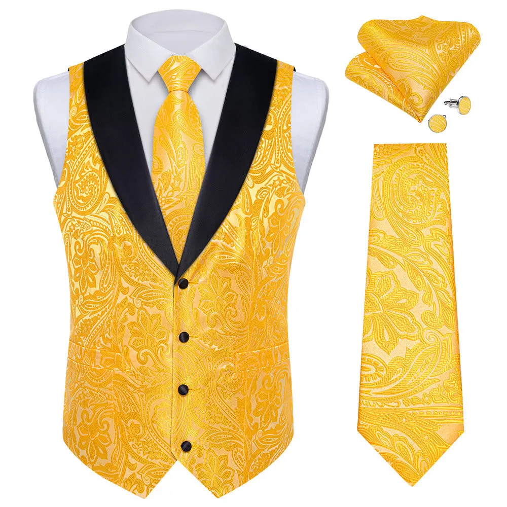 Ties2you Yellow Paisley Vest Silk Mens Suit Waistcoat Cufflinks Tie Handkerchief Set Dress sold by Ties2You product image thumbnail 3