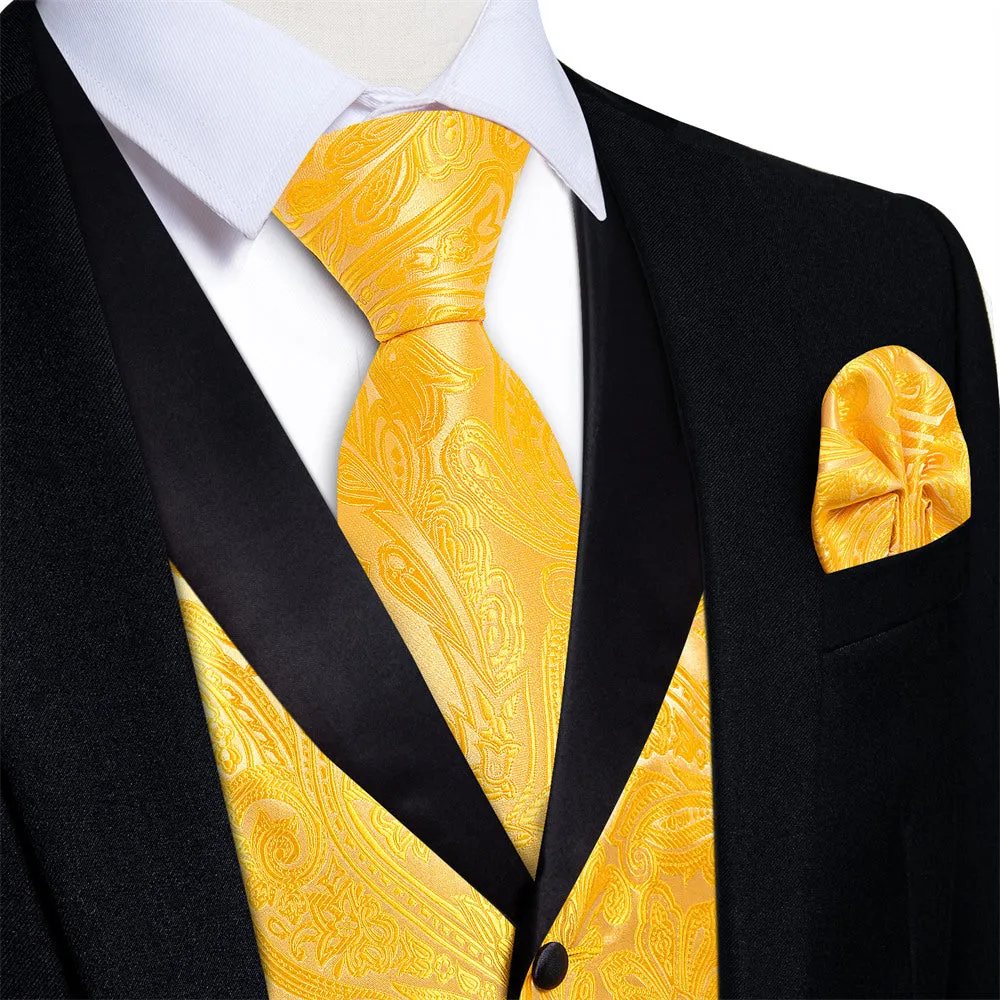Ties2you Yellow Paisley Vest Silk Mens Suit Waistcoat Cufflinks Tie Handkerchief Set Dress sold by Ties2You