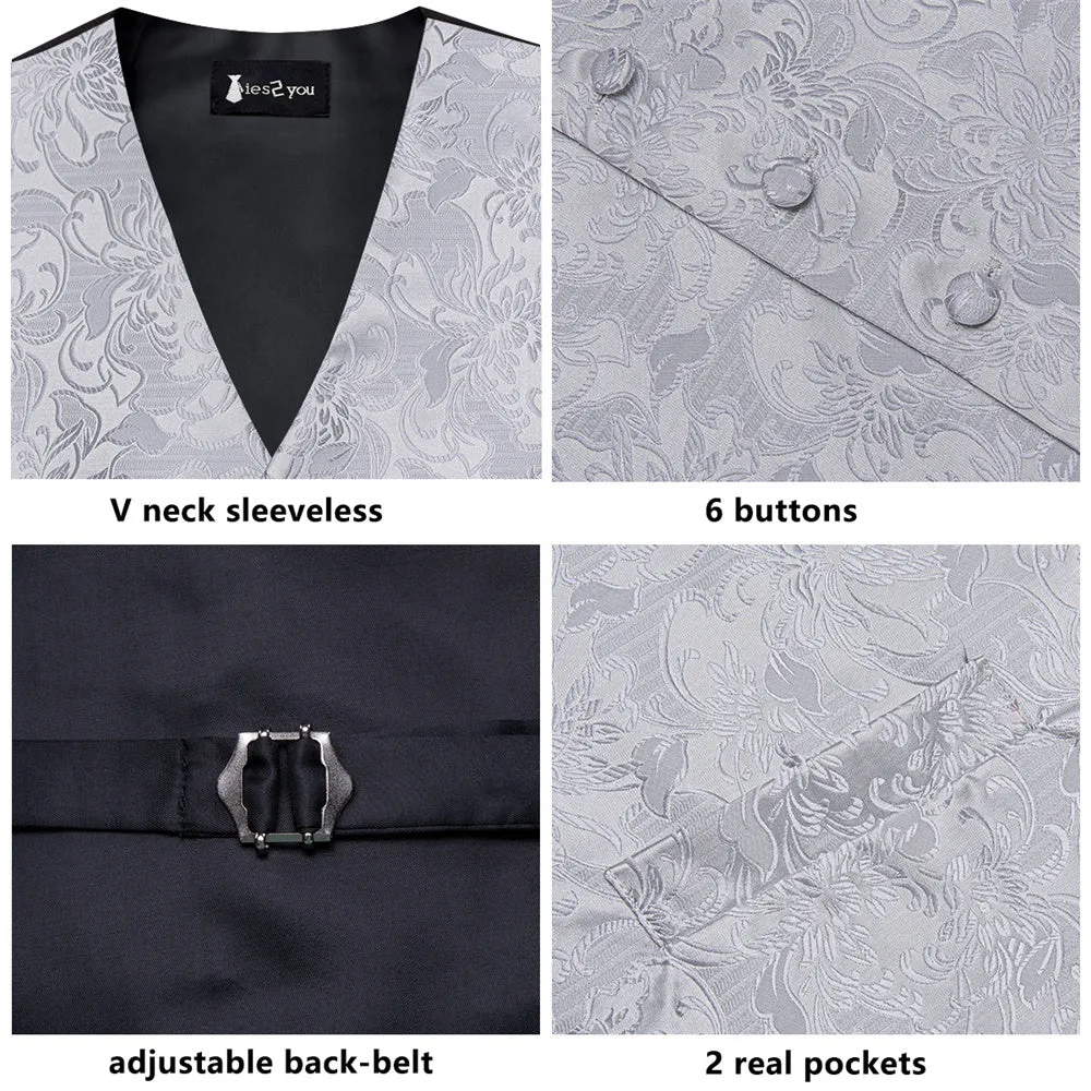Ties2you Silver Floral Pattern V-Neck Silk Vest Necktie Set sold by Ties2You product image thumbnail 3