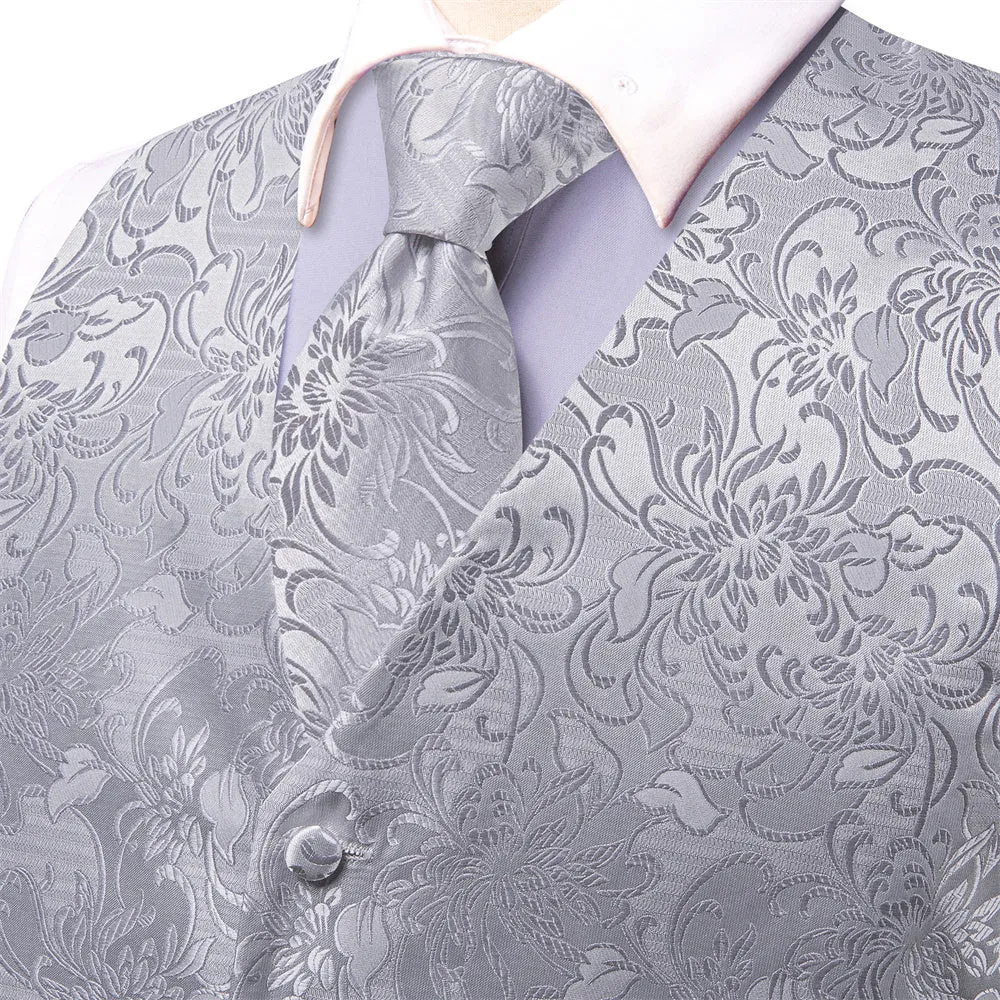 Ties2you Silver Floral Pattern V-Neck Silk Vest Necktie Set sold by Ties2You product image thumbnail 5