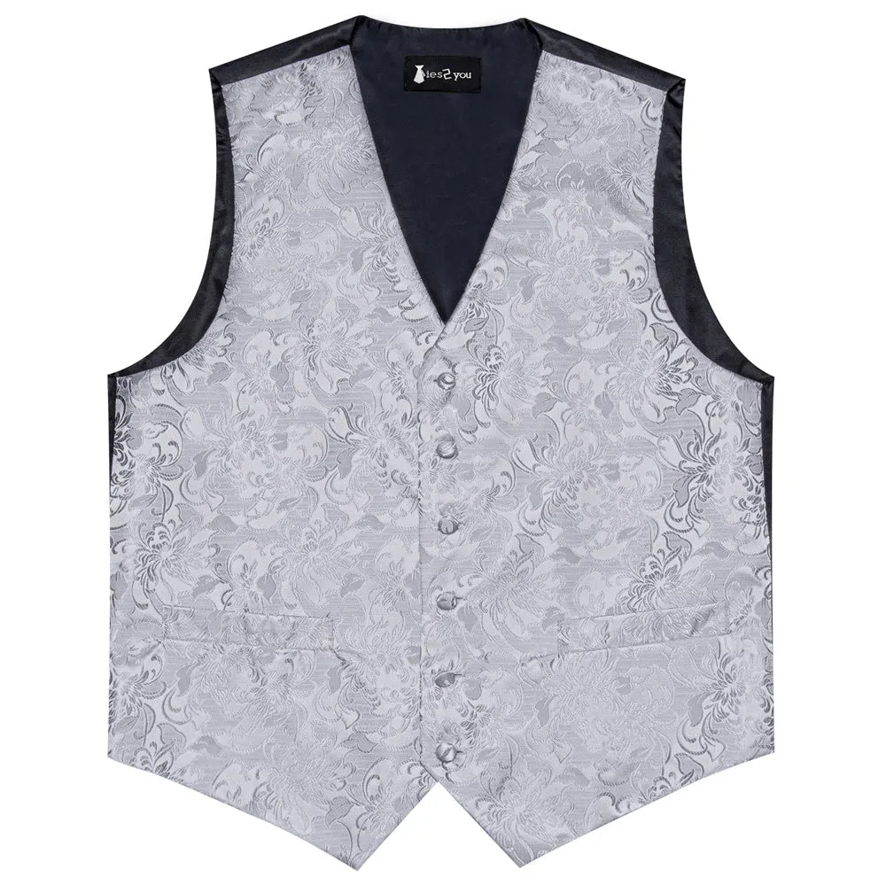 Ties2you Silver Floral Pattern V-Neck Silk Vest Necktie Set sold by Ties2You product image thumbnail 4