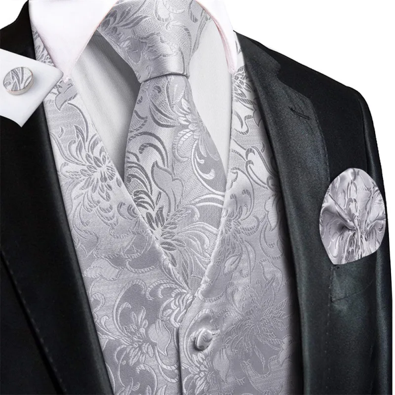 Ties2you Silver Floral Pattern V-Neck Silk Vest Necktie Set made by Ties2You