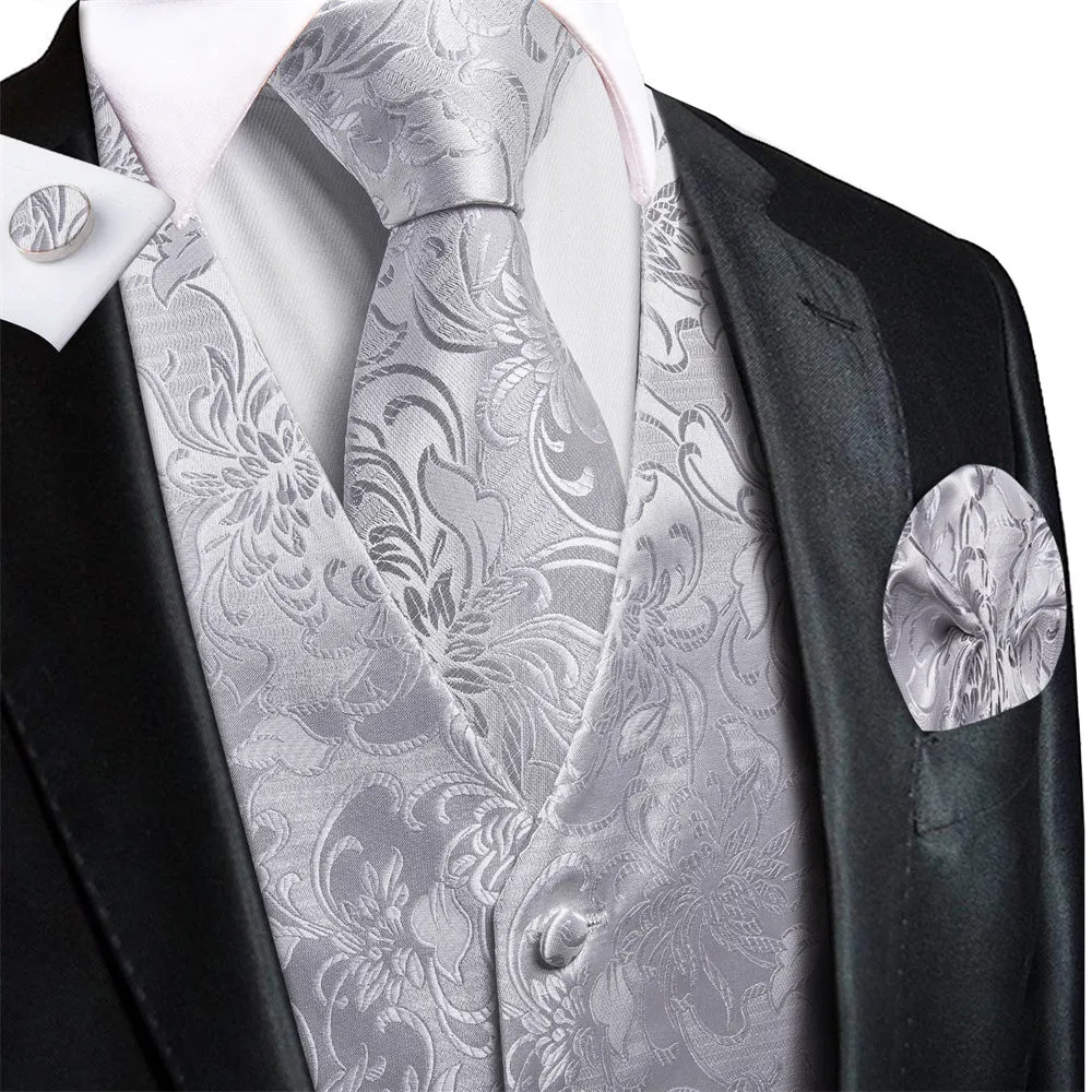Ties2you Silver Floral Pattern V-Neck Silk Vest Necktie Set sold by Ties2You