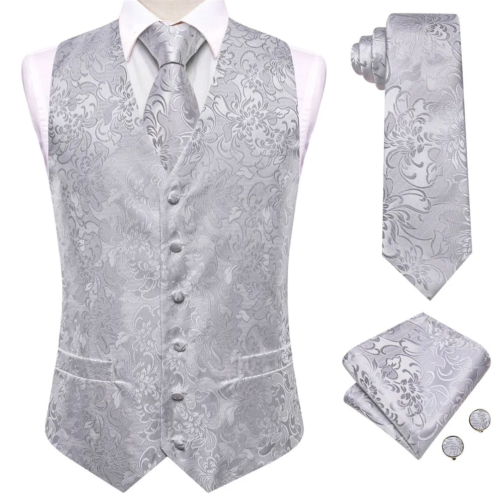 Ties2you Silver Floral Pattern V-Neck Silk Vest Necktie Set sold by Ties2You product image thumbnail 2