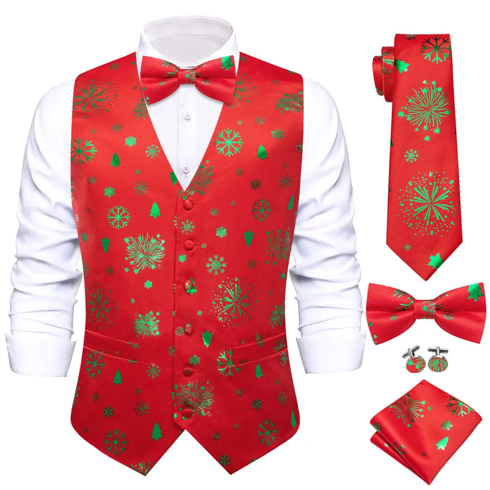 Ties2you Men's Vest Red Christmas Green Elements Silk Vest Necktie Bow Tie Handkerchief Cufflinks Set sold by Ties2You