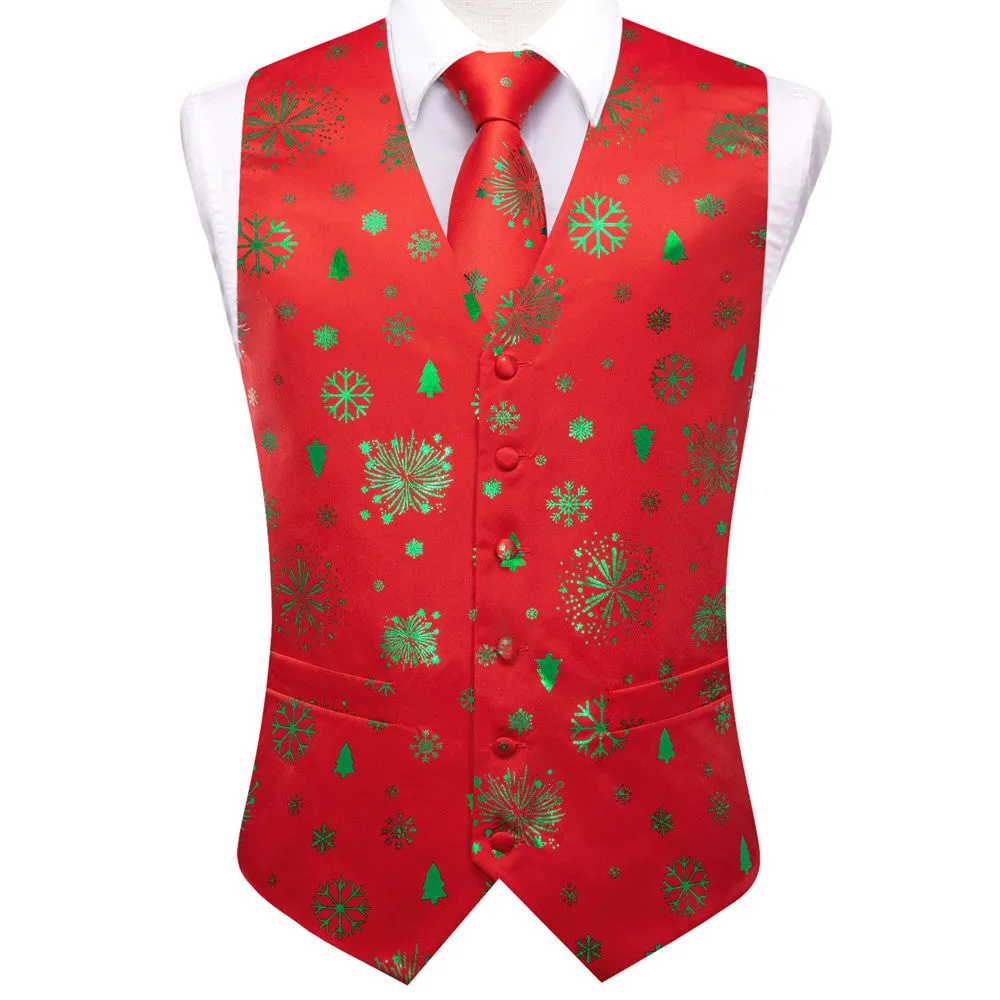 Ties2you Men's Vest Red Christmas Green Elements Silk Vest Necktie Bow Tie Handkerchief Cufflinks Set sold by Ties2You product image thumbnail 3