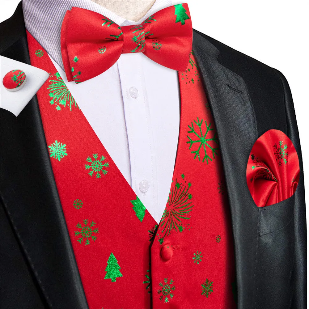 Ties2you Men's Vest Red Christmas Green Elements Silk Vest Necktie Bow Tie Handkerchief Cufflinks Set sold by Ties2You product image thumbnail 2