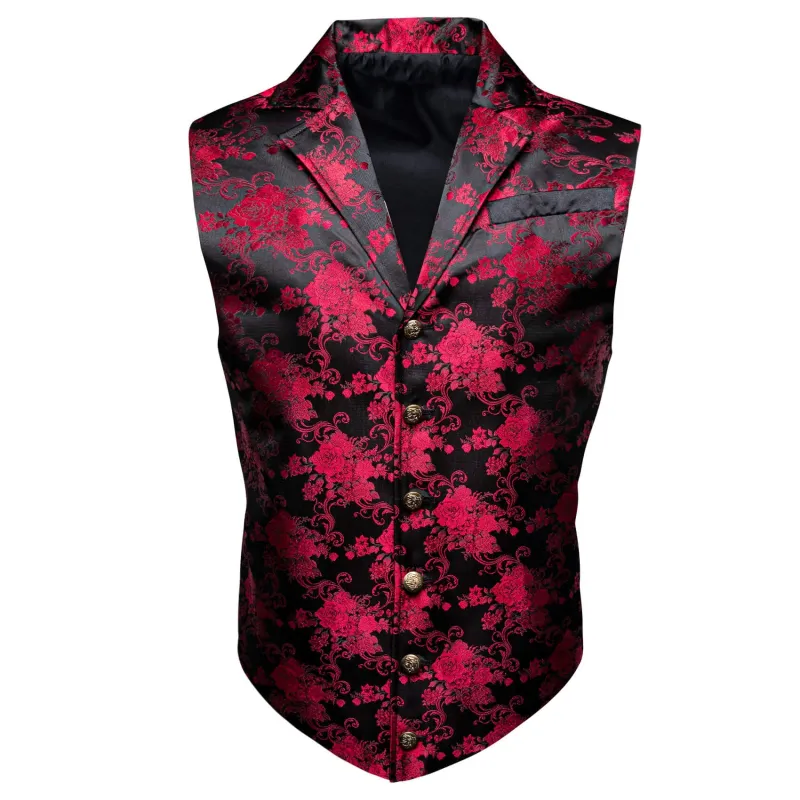 Ties2you Men's Black Vest Red Jacquard Floral Silk Notch Collar Vest made by Ties2You