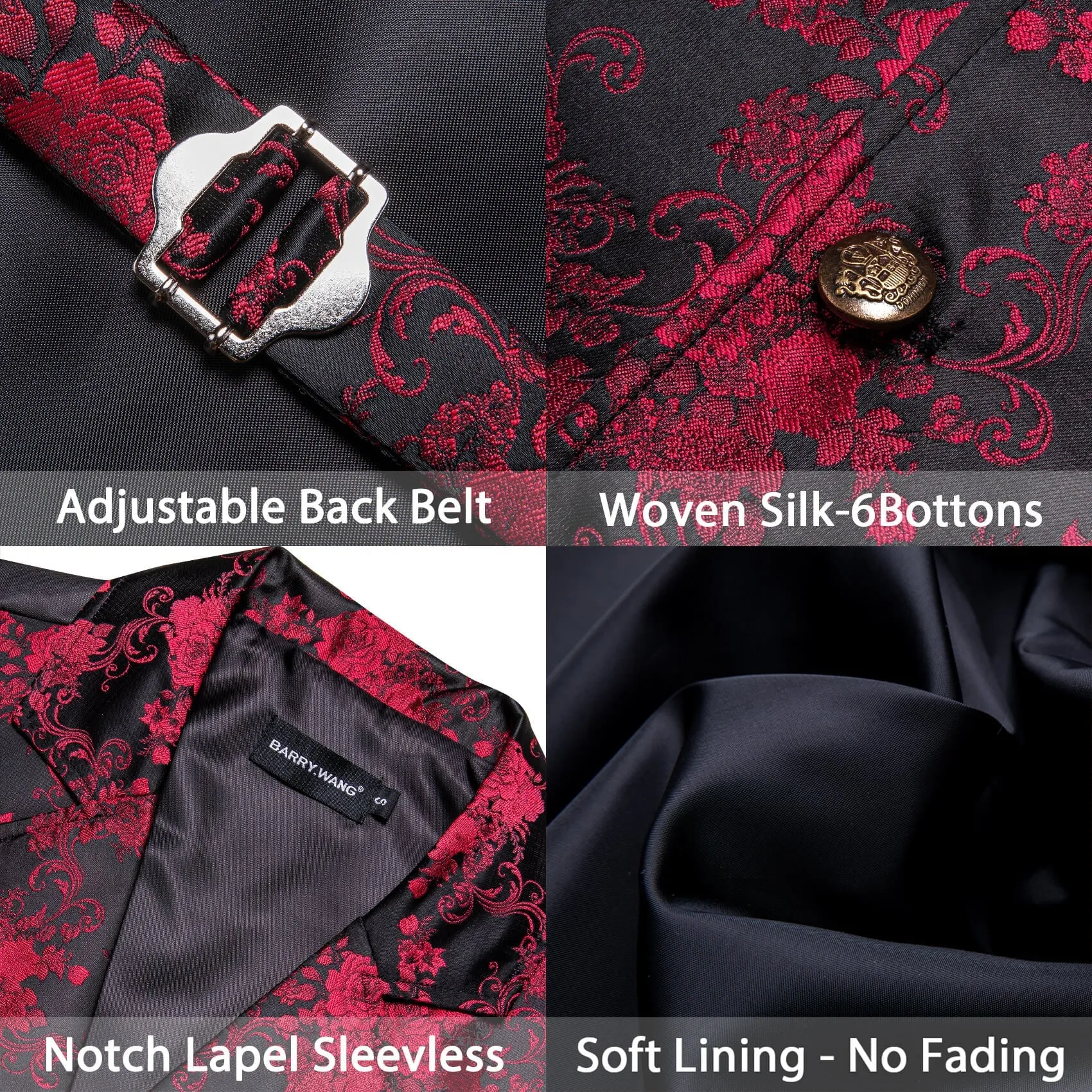 Ties2you Men's Black Vest Red Jacquard Floral Silk Notch Collar Vest sold by Ties2You product image thumbnail 5