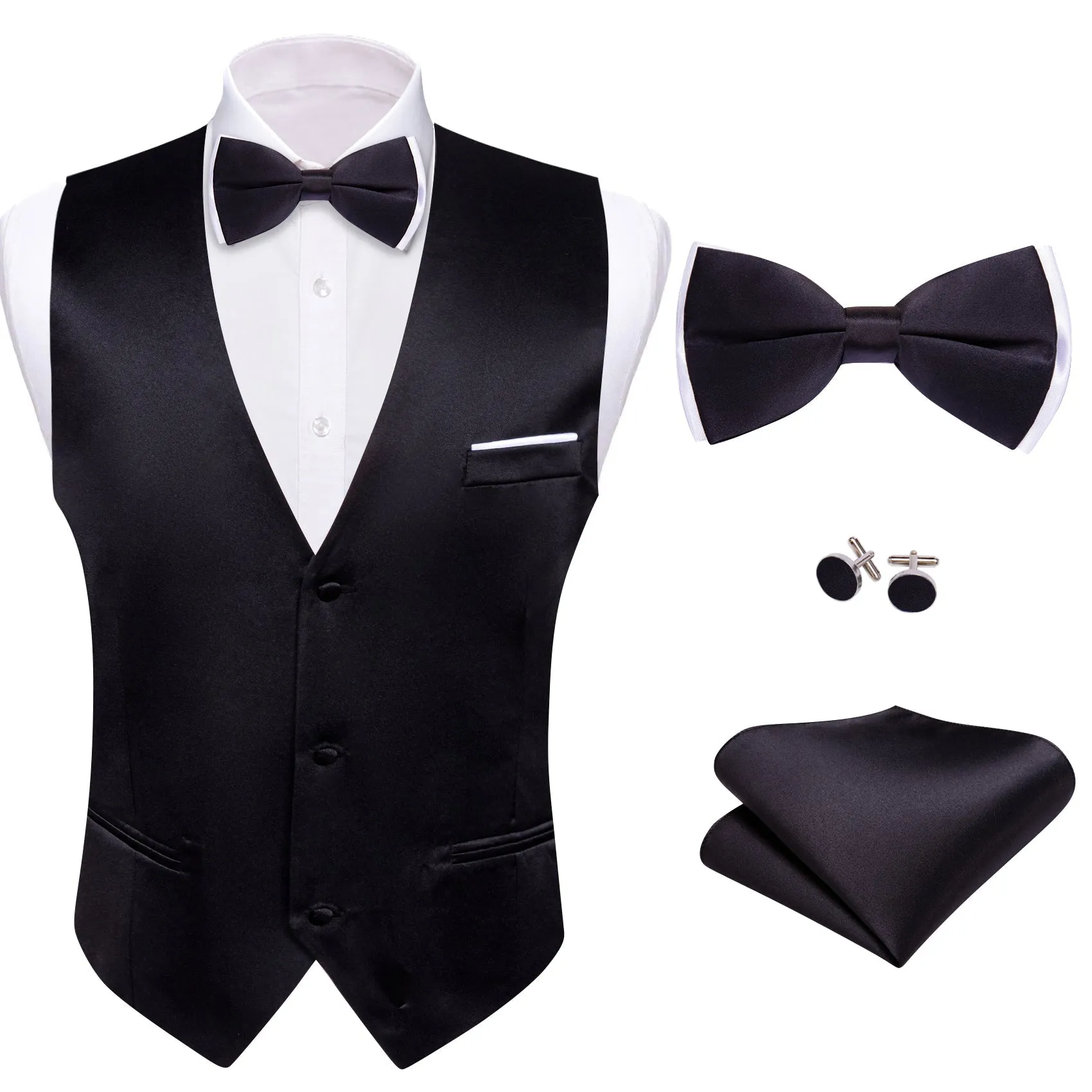Dark Black Solid Silk Men's Vest Bow Tie Set Waistcoat Suit Set sold by Ties2You product image thumbnail 4