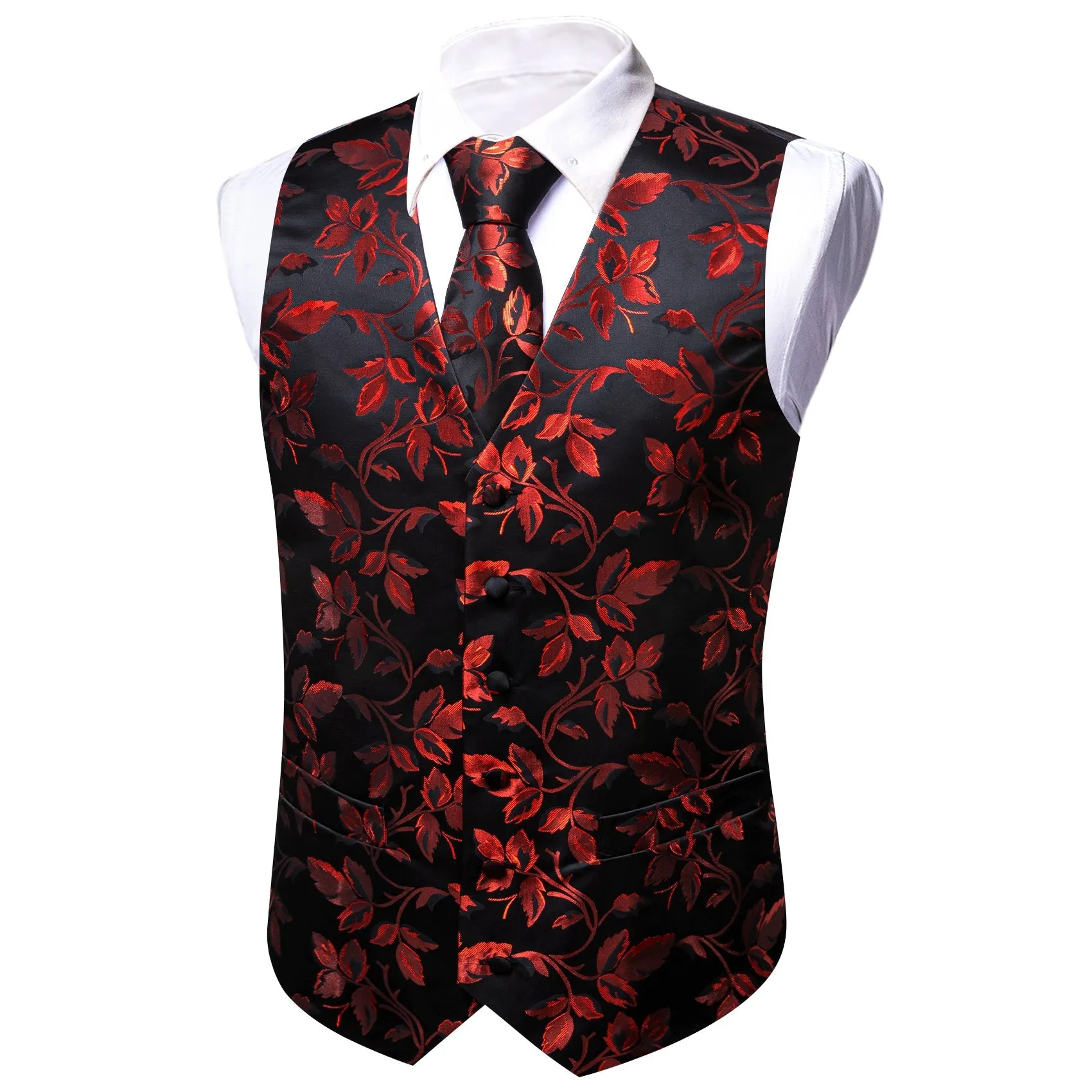 Red Floral Leaf Silk Men's Vest Hanky Cufflinks Tie Set sold by Ties2You product image thumbnail 5