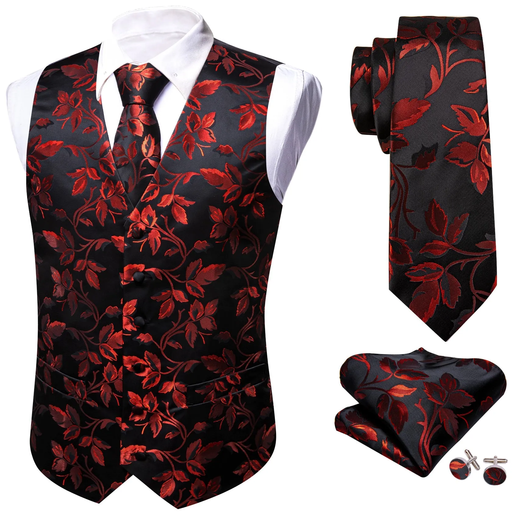 Red Floral Leaf Silk Men's Vest Hanky Cufflinks Tie Set sold by Ties2You product image thumbnail 3