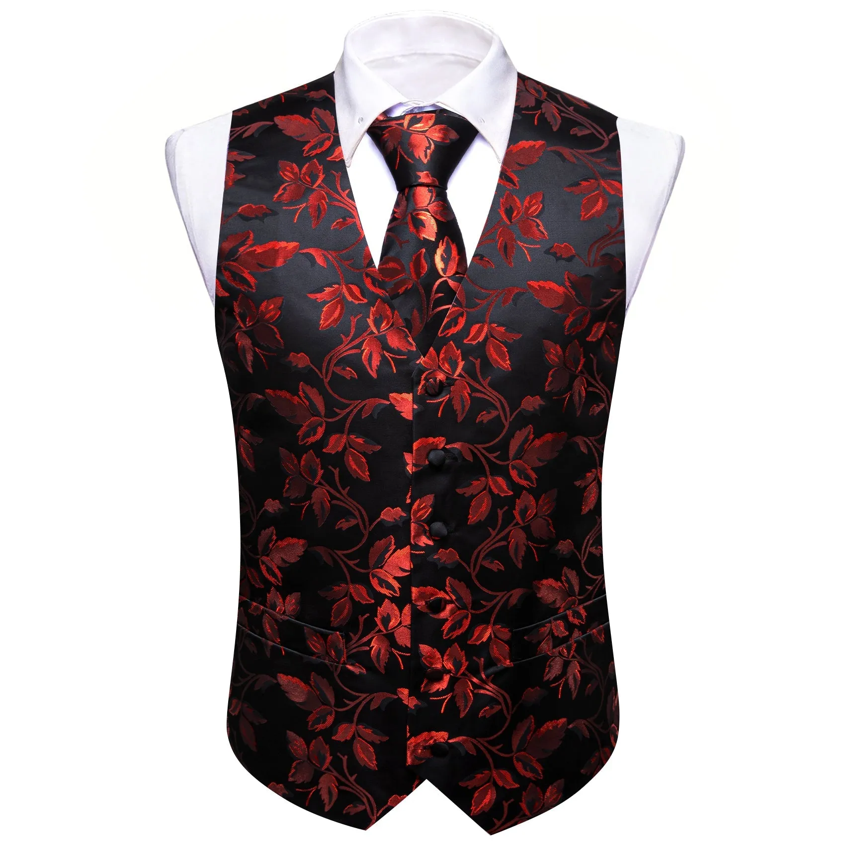 Red Floral Leaf Silk Men's Vest Hanky Cufflinks Tie Set sold by Ties2You product image thumbnail 4