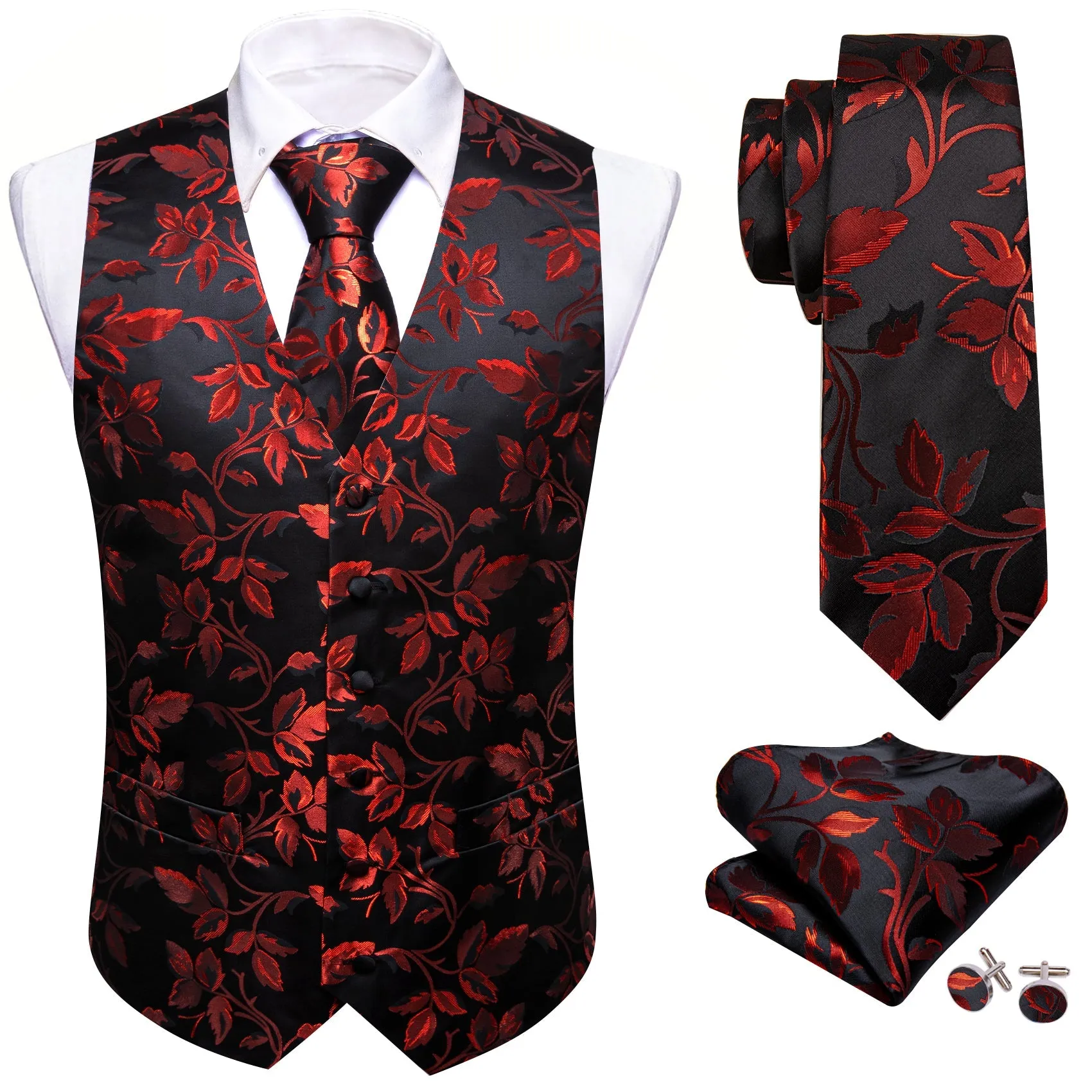 Red Floral Leaf Silk Men's Vest Hanky Cufflinks Tie Set sold by Ties2You product image thumbnail 2