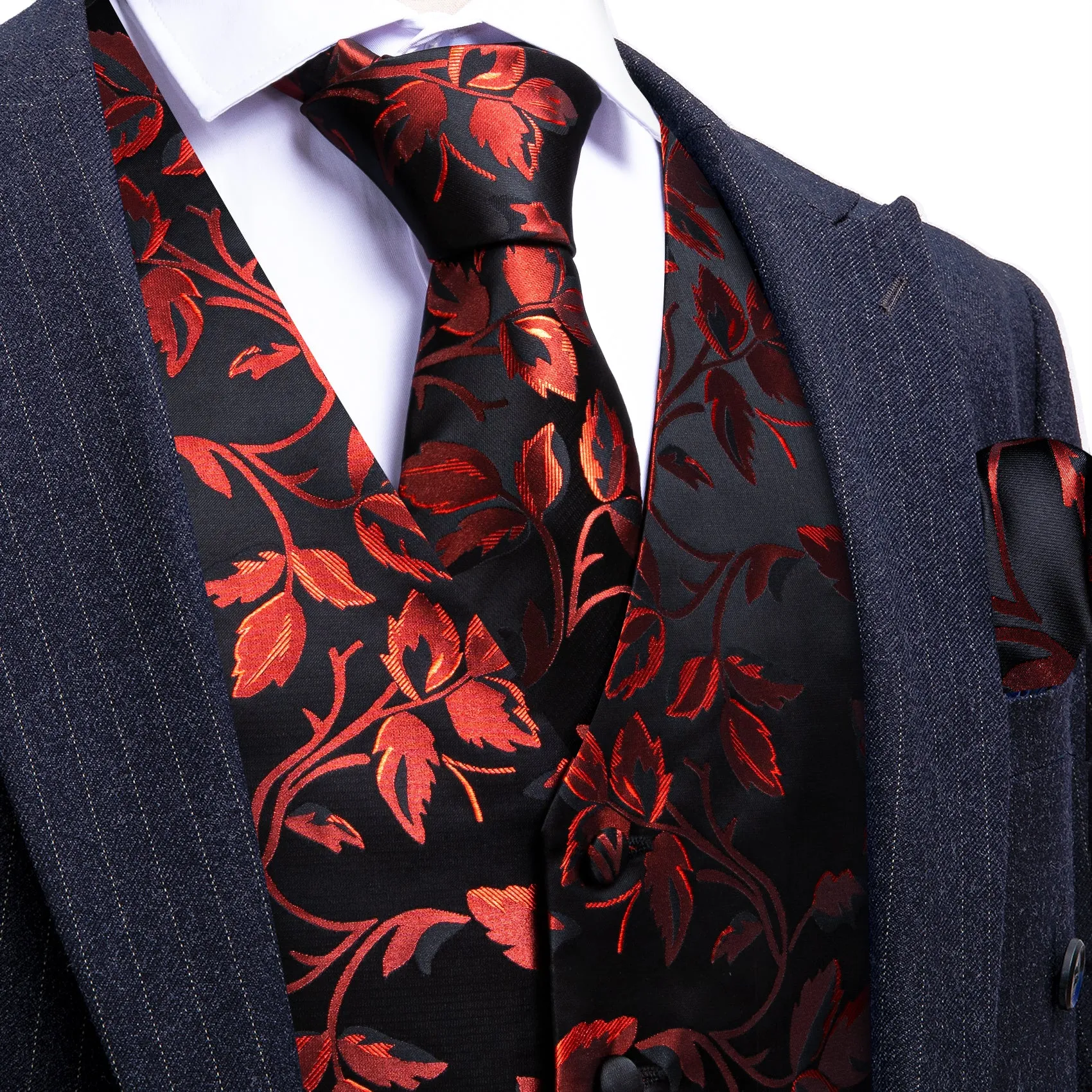 Red Floral Leaf Silk Men's Vest Hanky Cufflinks Tie Set sold by Ties2You