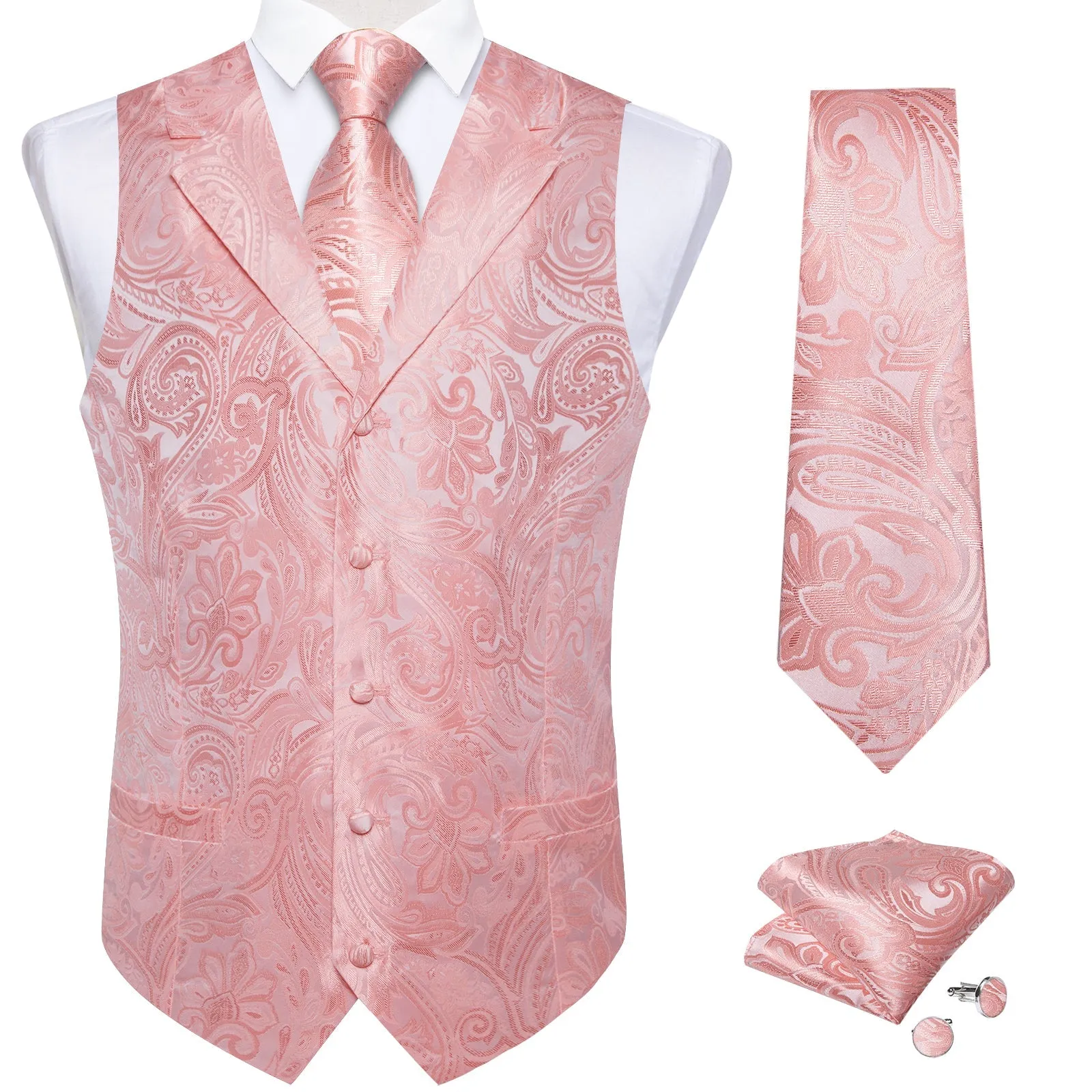 Ties2you Men's Rose Pink Paisley Vest Collar Suit Waistcoat Tie Hanky Cufflinks Set Wedding sold by Ties2You product image thumbnail 4